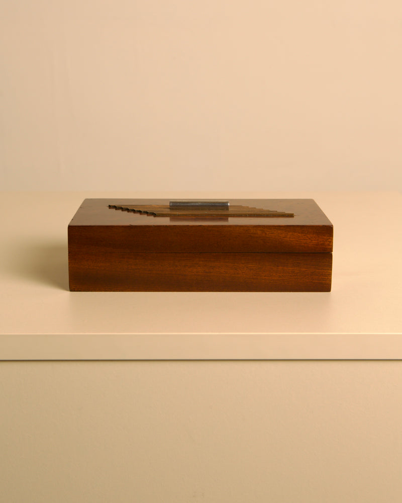 Italian Art Deco Box in wood and silver, 1930s — side view highlighting wooden texture