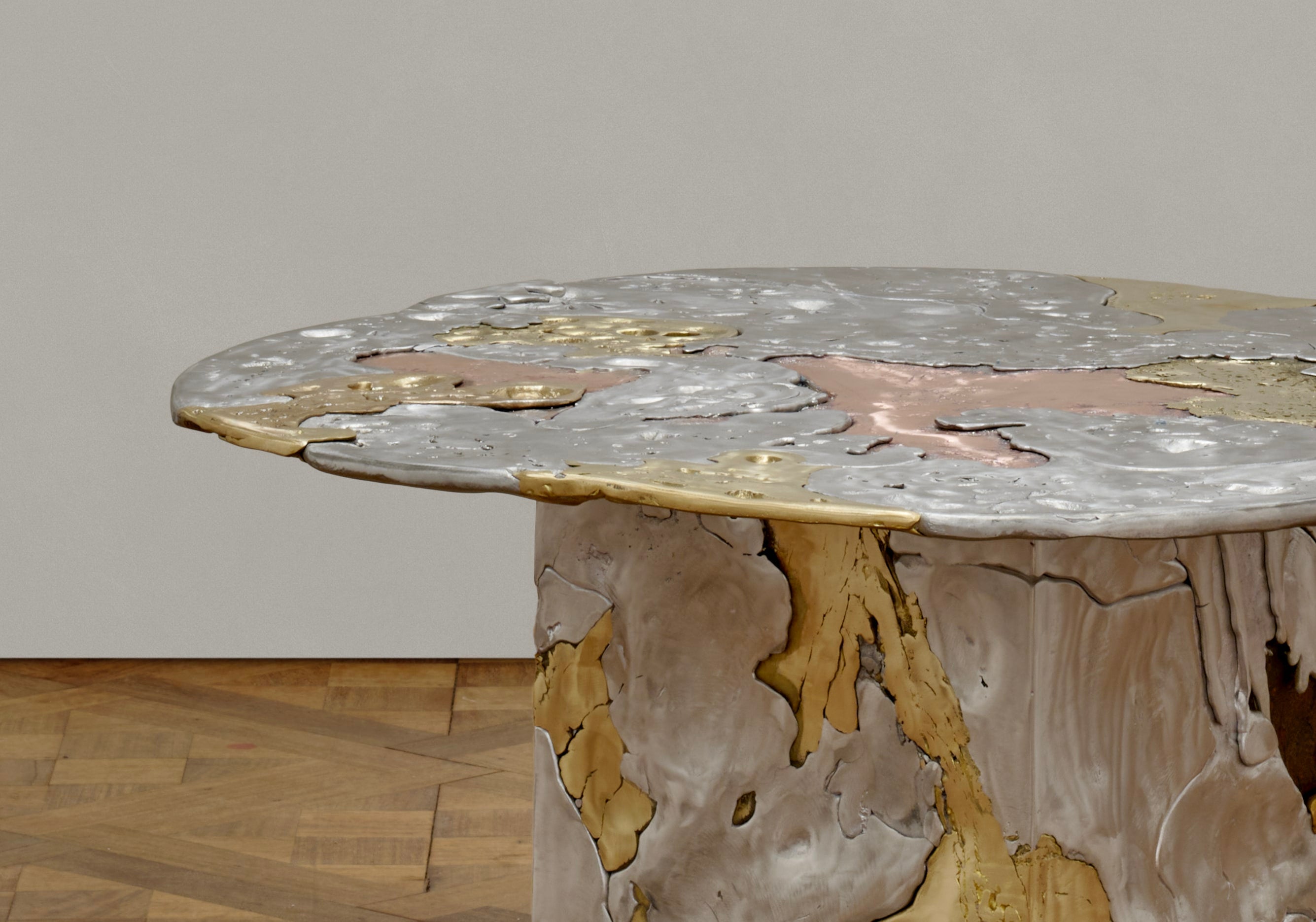 Elemental Patchwork' Coffee Table — side angle showing metallic surface details