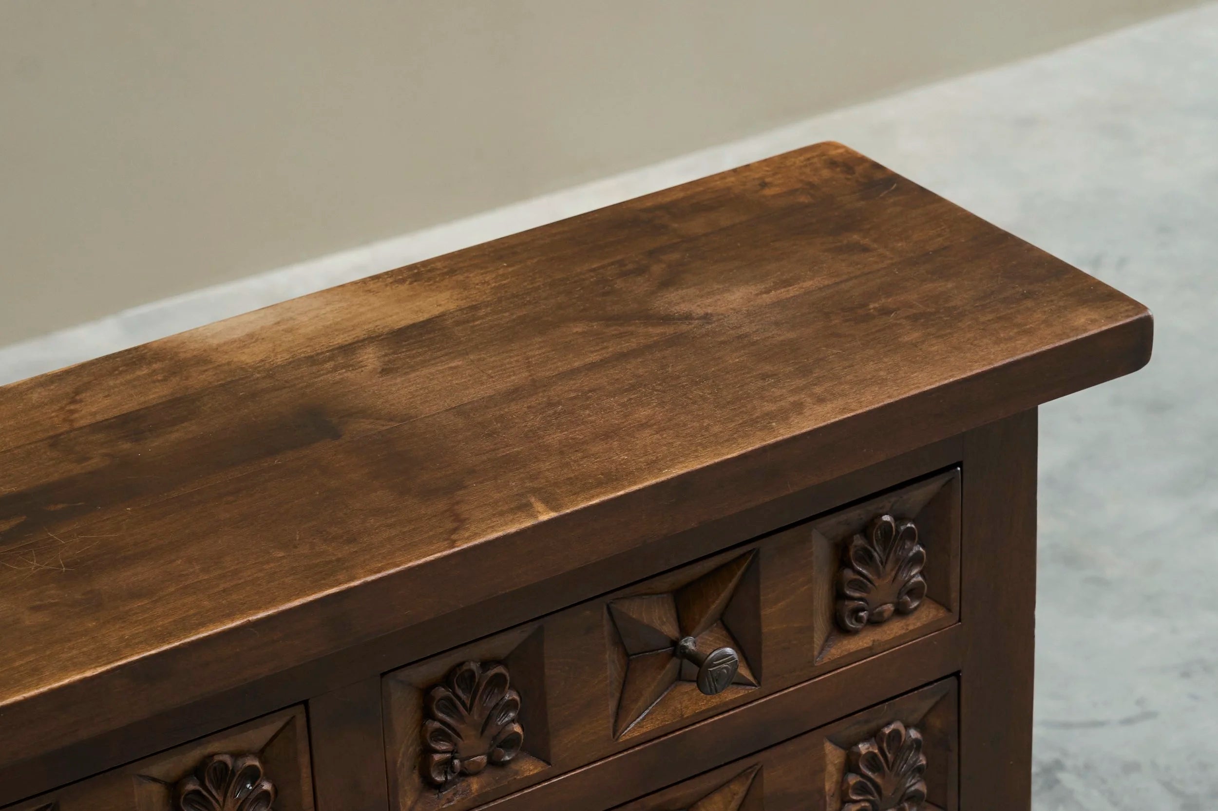 Spanish Style Sideboard in Hand-Carved Solid Walnut and Wrought Iron Early 20th Century — additional view