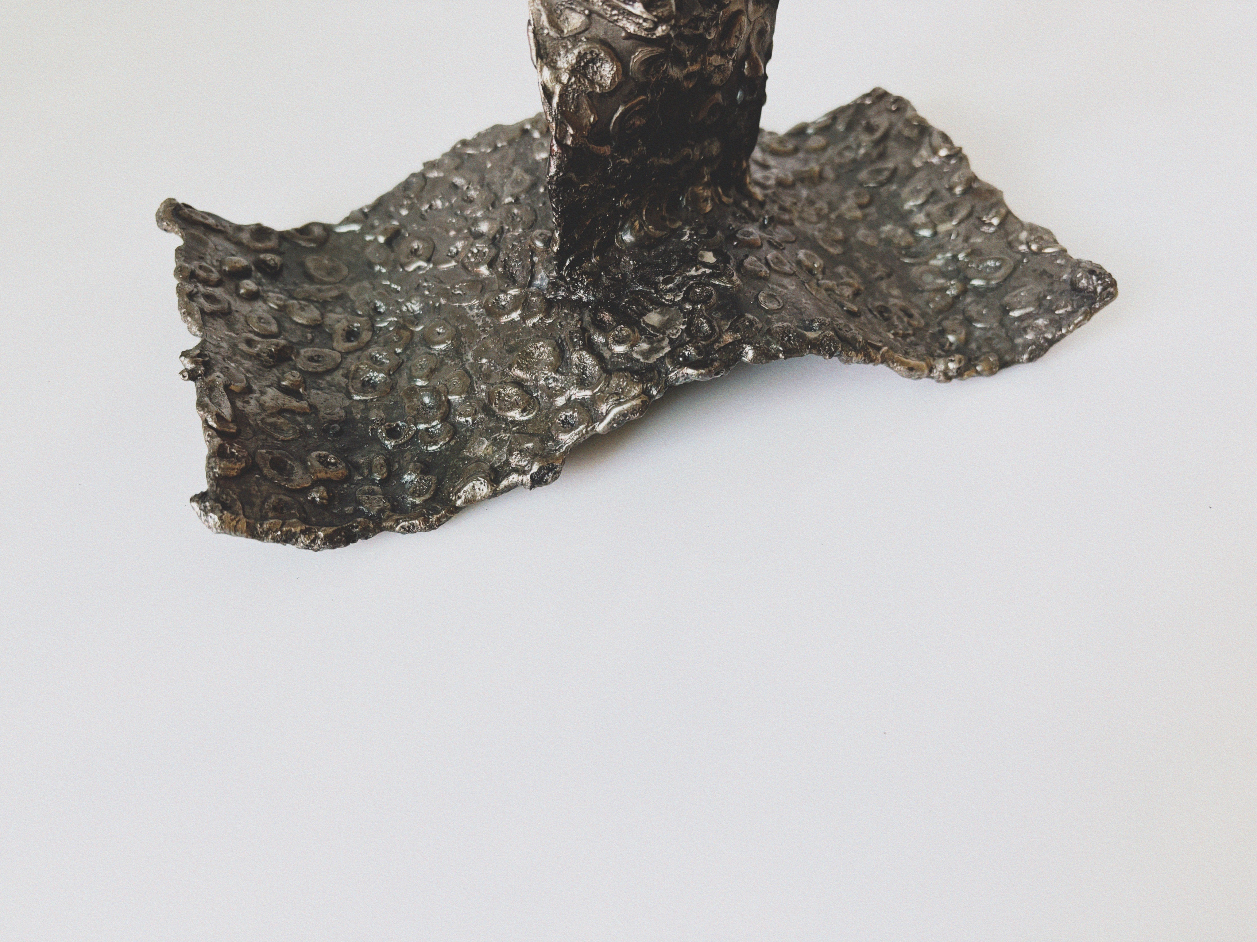 Molten Metal Sculptural 3 Arm Candlestick, Brutalist Poland — side angle of textured metal base