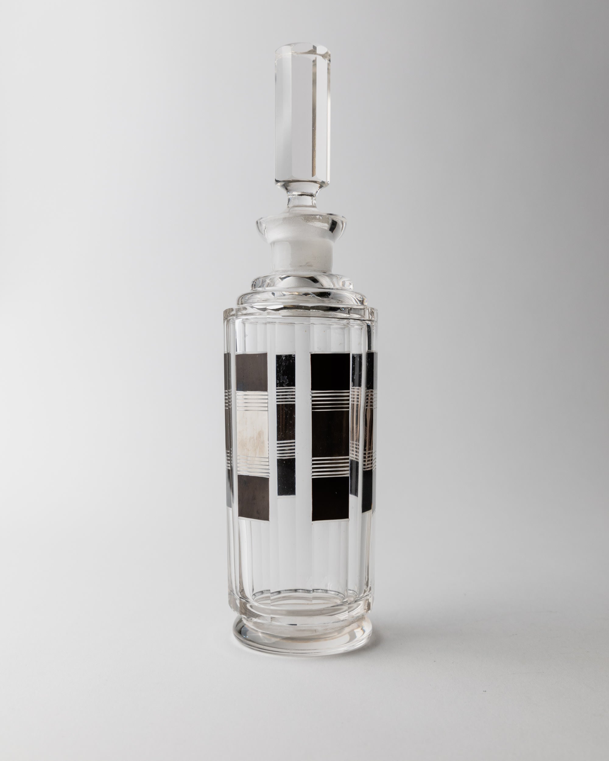 Liqueur Set Art Deco by Karl Palda 1930s — top view of glass decanter with black stripes