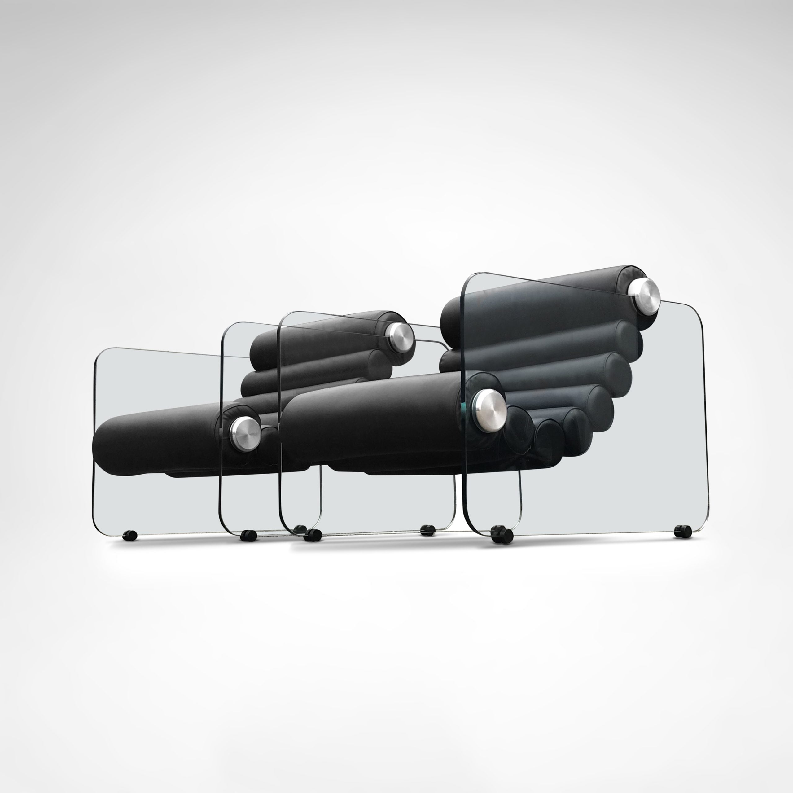 Hyaline leather and glass armchair by Fabio Lenci for Comfortline Italy 1960s, set of 2 — back view highlighting curved glass