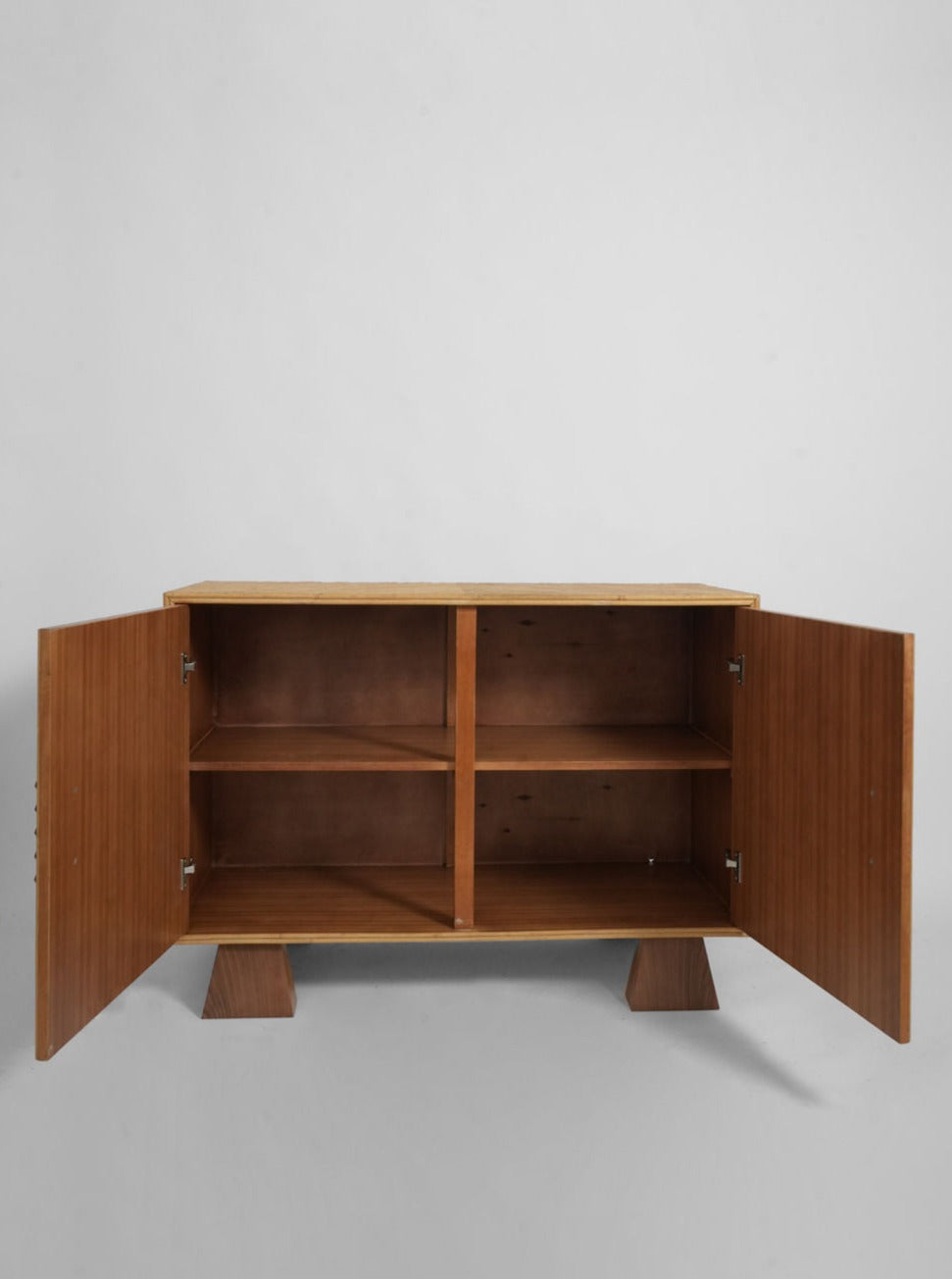 Arrabida Rattan and Walnut Sideboard — front view with open doors