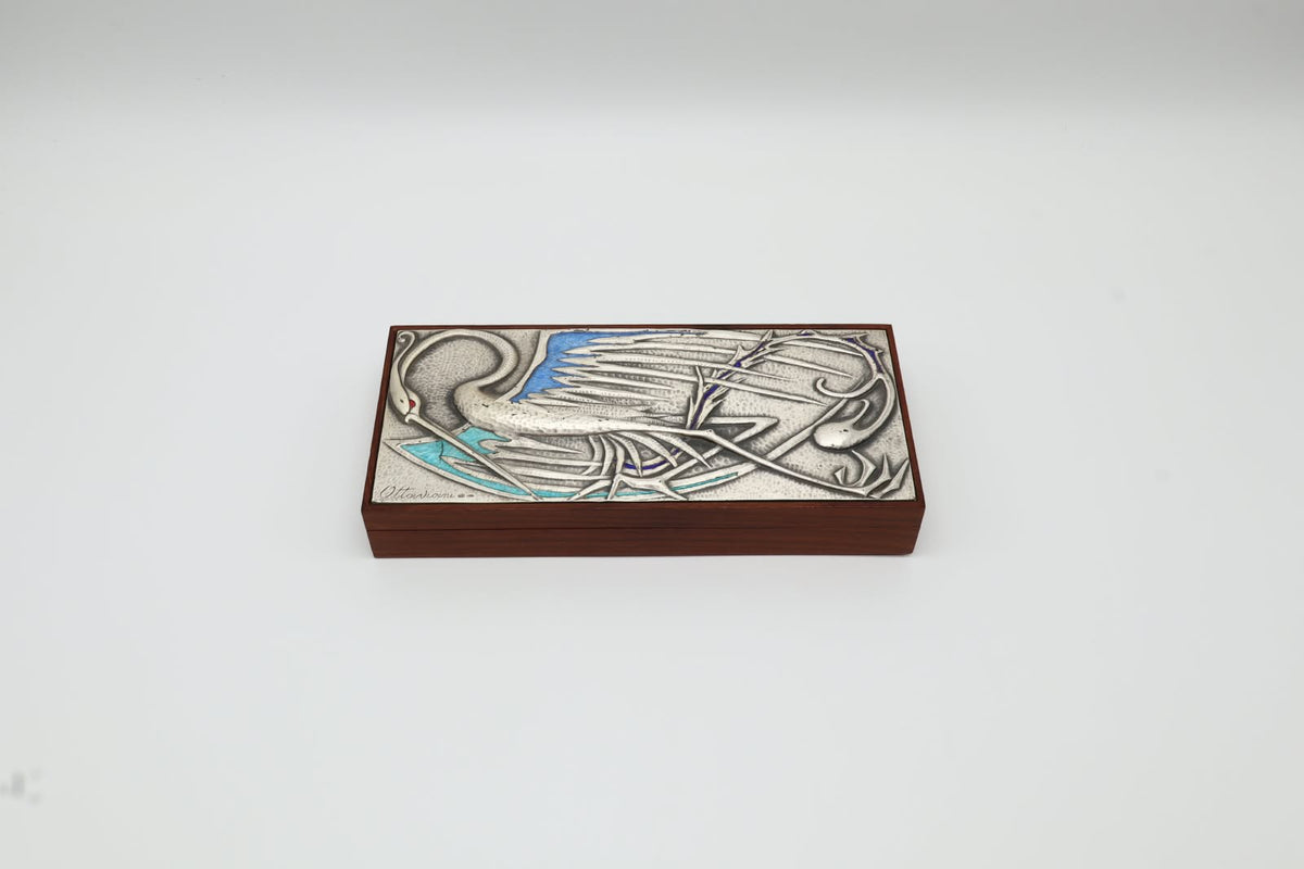 Ottaviani Mid-Century Silver & Enamel Rosewood Box – Italy (c. 1960) — side angle