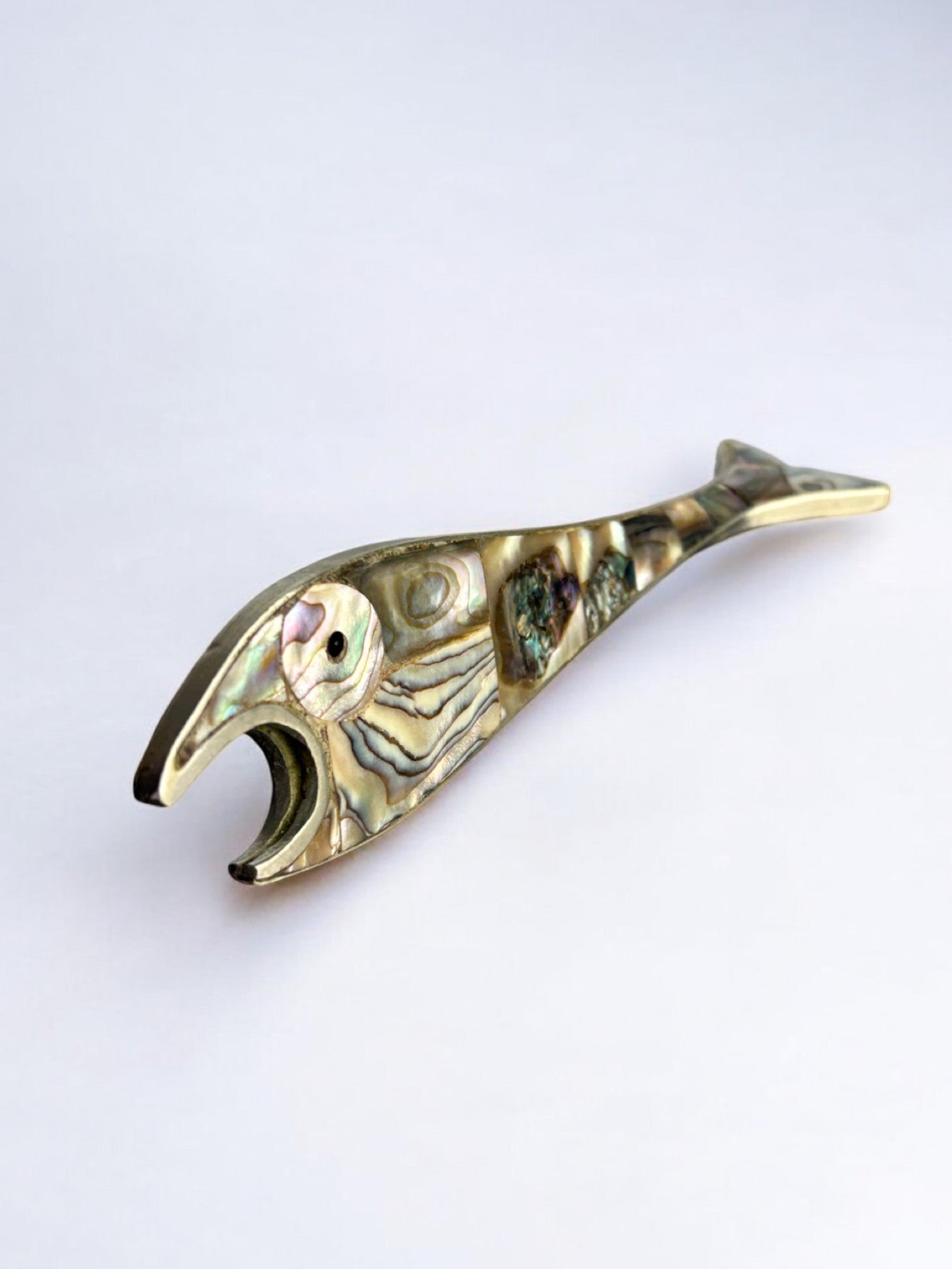 Fish Bottle Opener, Abalone shell & Alpaca, Mexico, circa 1980 — side angle showing iridescent shell details