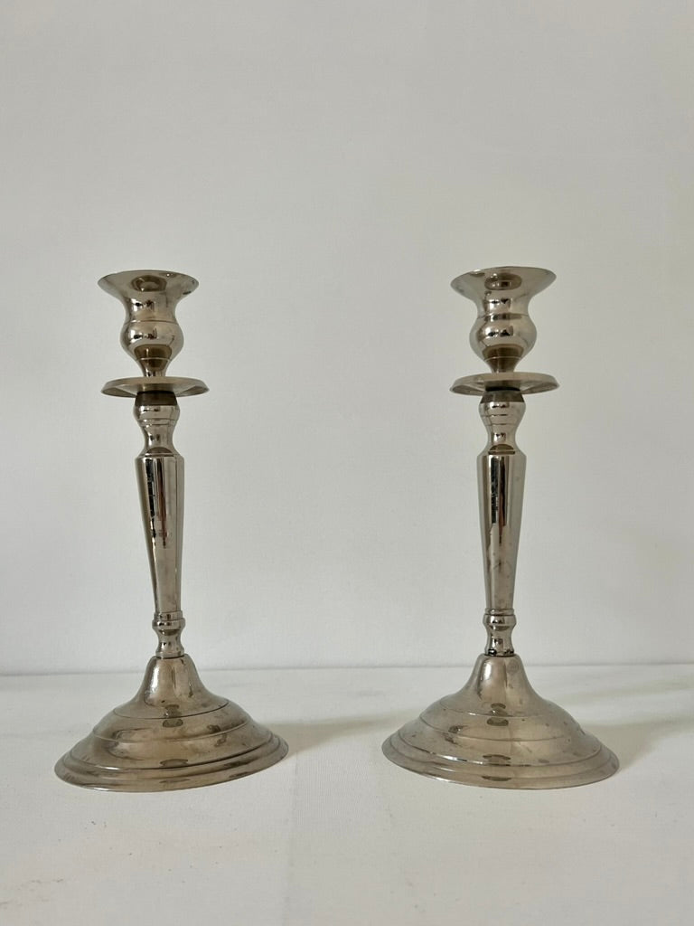 Set of 2 classic silver candlesticks with tapered stems and round bases