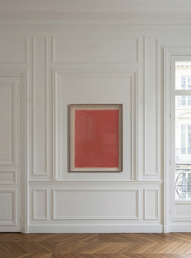 Three Layers of French Red Dye and Pigment on Raw Canvas — displayed in minimalist interior setting