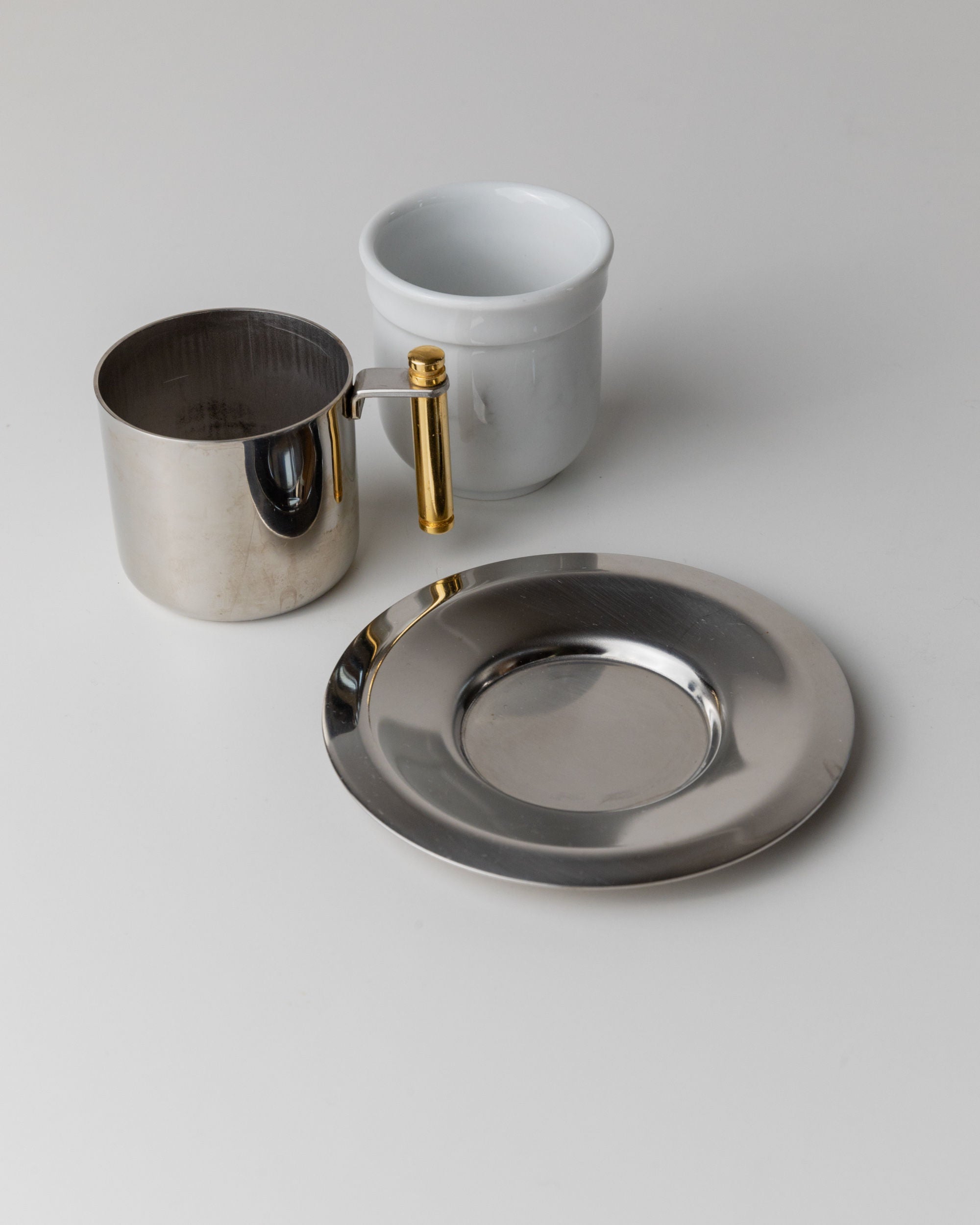 Coffee Set by IMCO, Italy 80s — close-up of stainless steel cup and plate