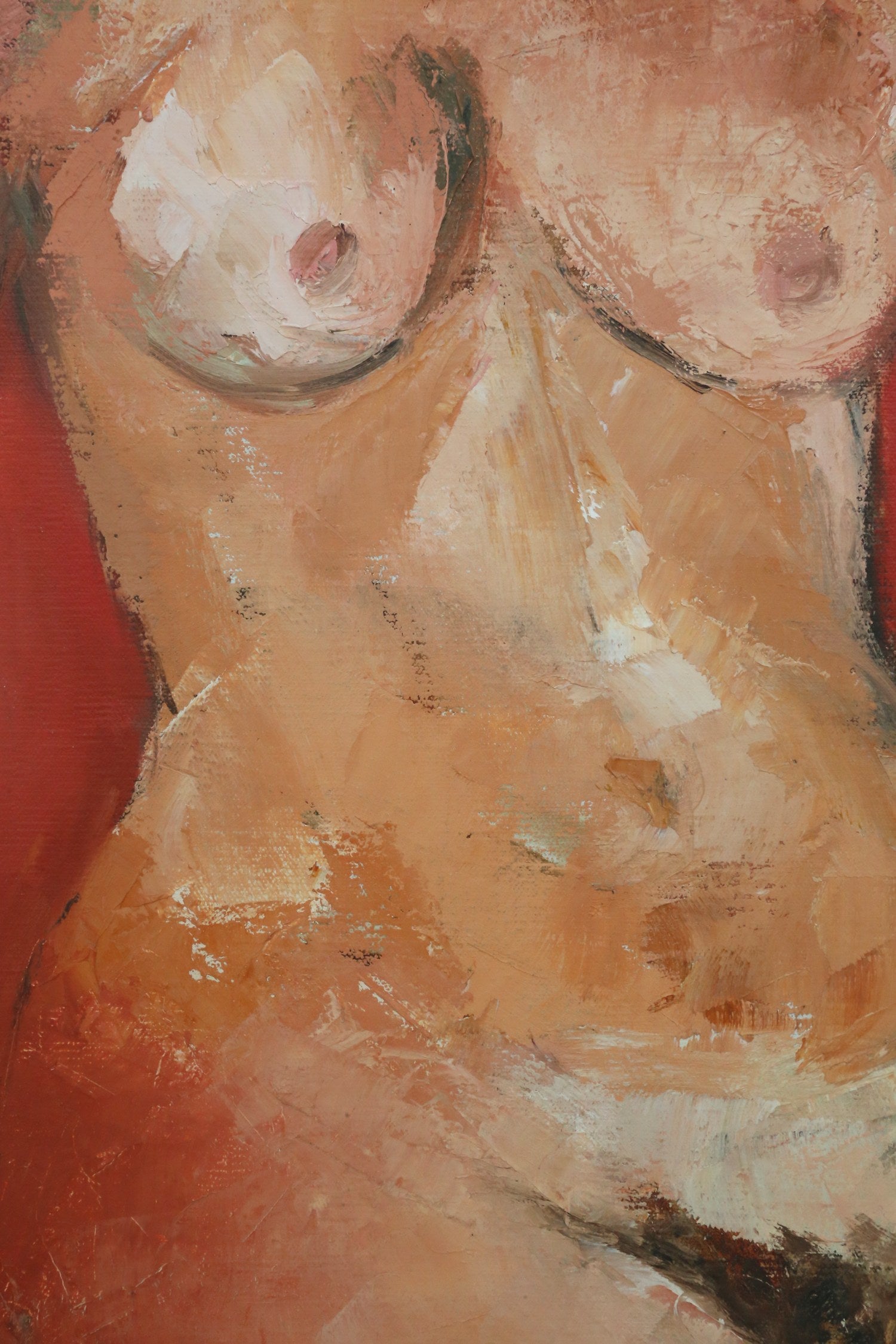 Red Nude, Original Painting by Sandra Orlovsky — close-up of textured red and beige paint