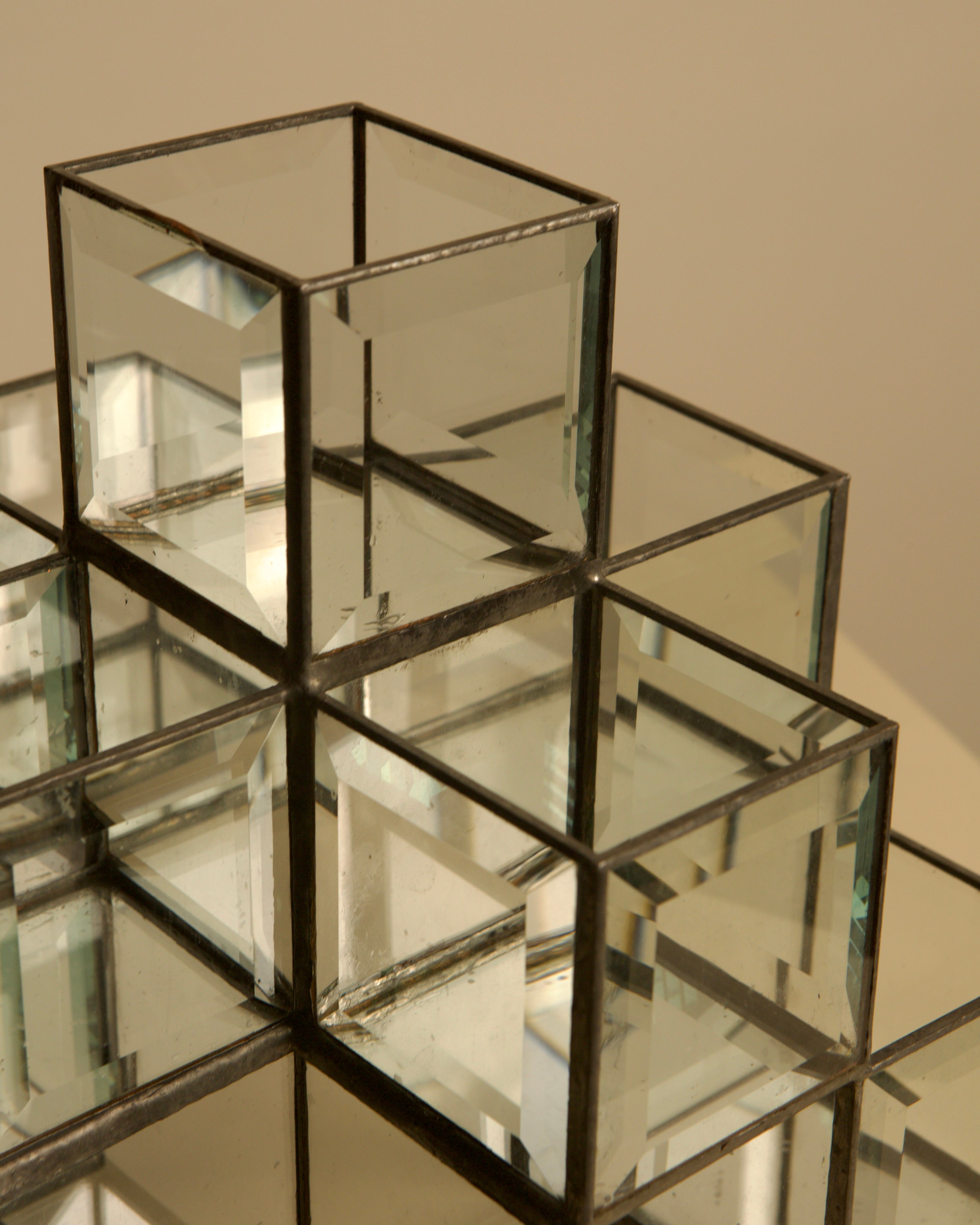 Italian handcrafted metal and glass candle holder from the 70s — side angle showing layered glass cubes