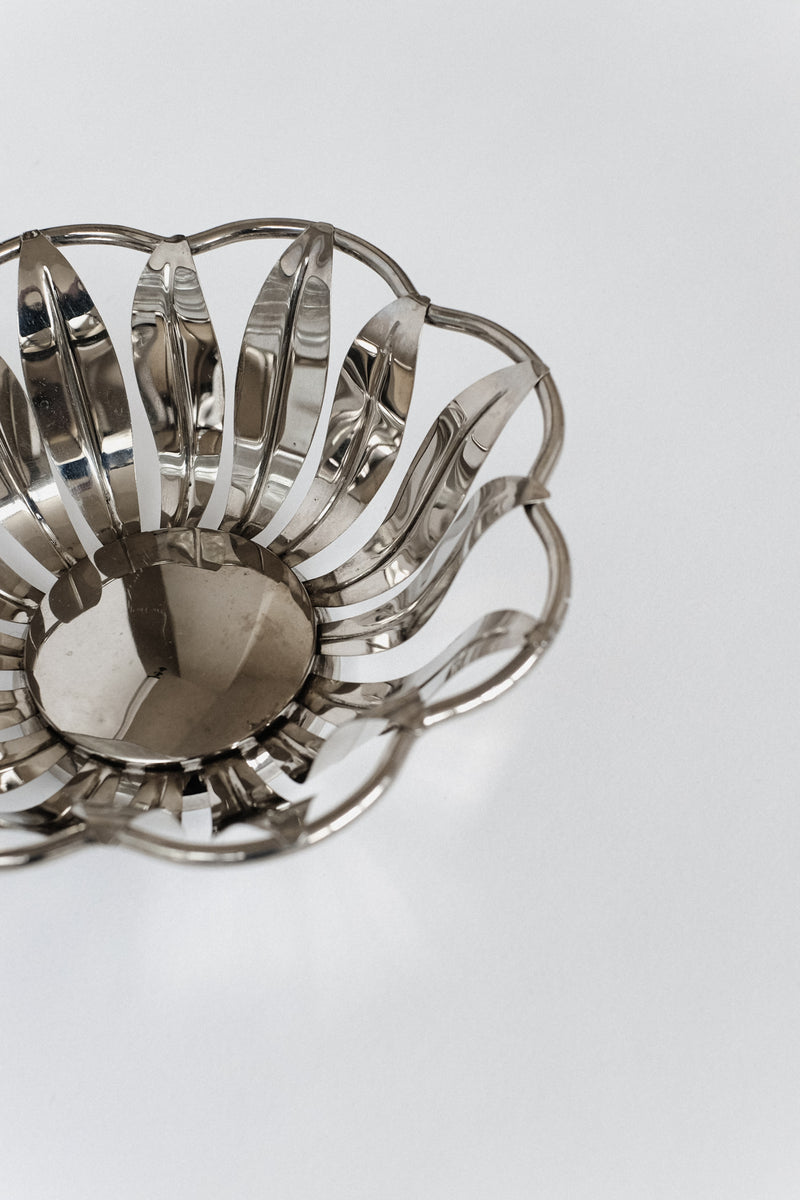 Silver-Plated Bread Basket — top view highlighting floral design and shine
