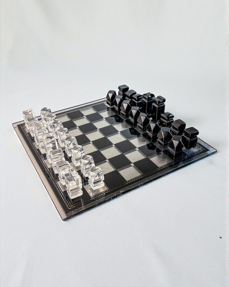 Felice Antonio Botta Acrylic Chessboard, Italy, 70s by Malamar Studio | The Oblist — clear and black acrylic pieces