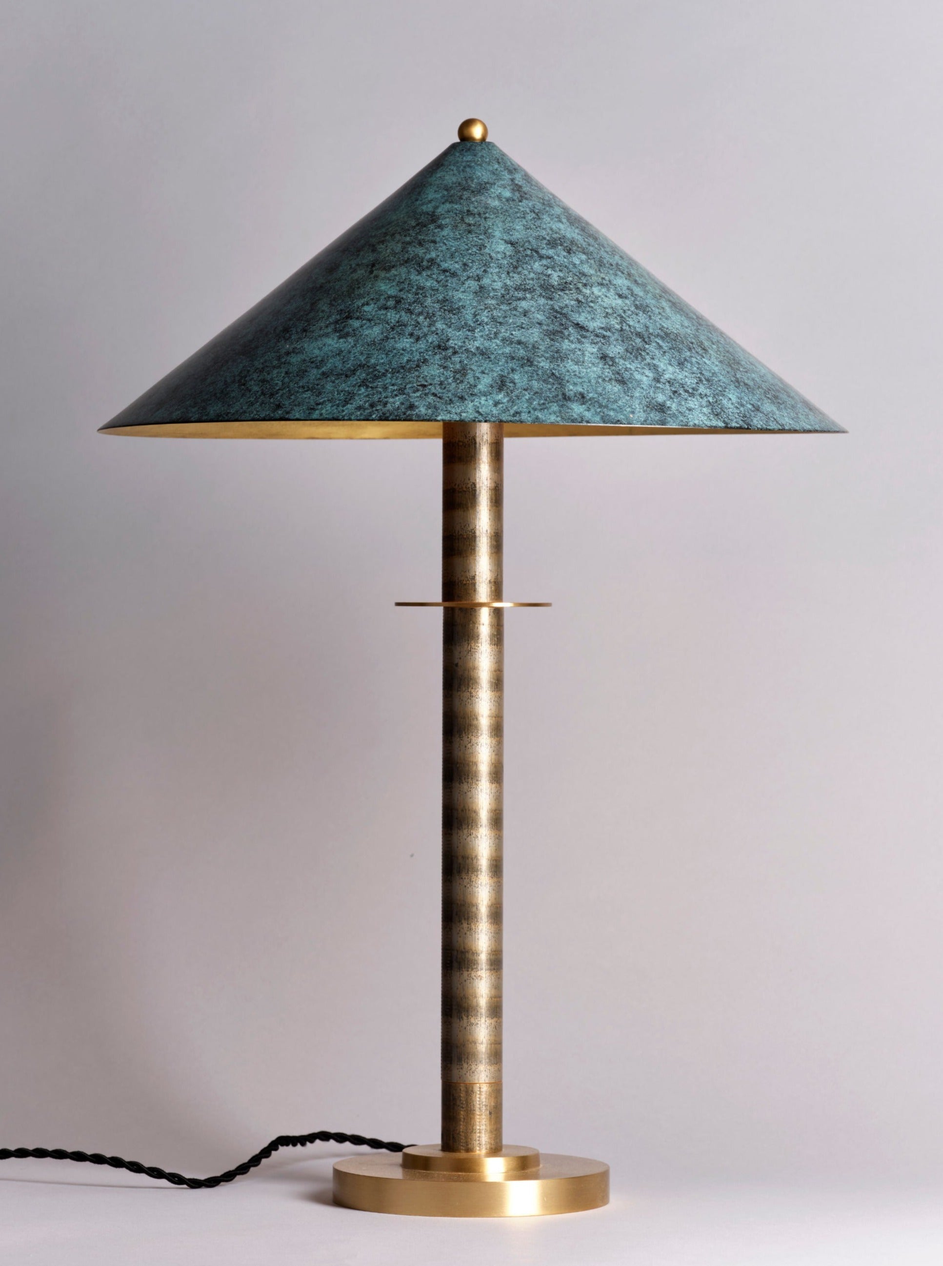Louisa II Table Lamp — close-up of turquoise metal shade and brass base