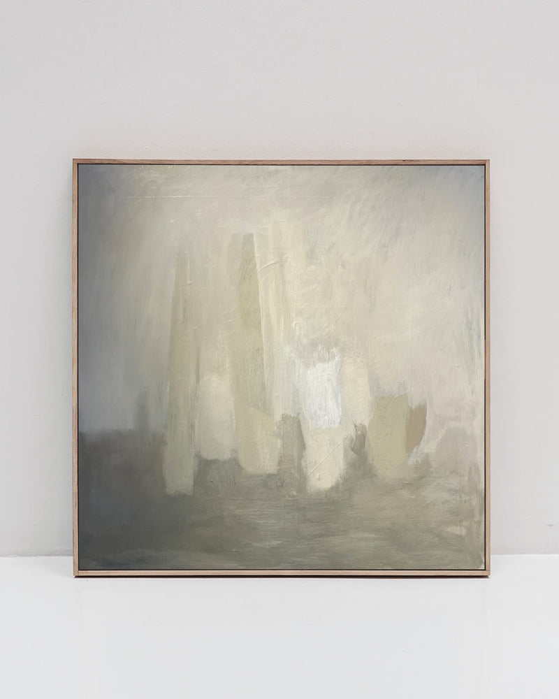 Abstract winter still life painting in muted grays and whites