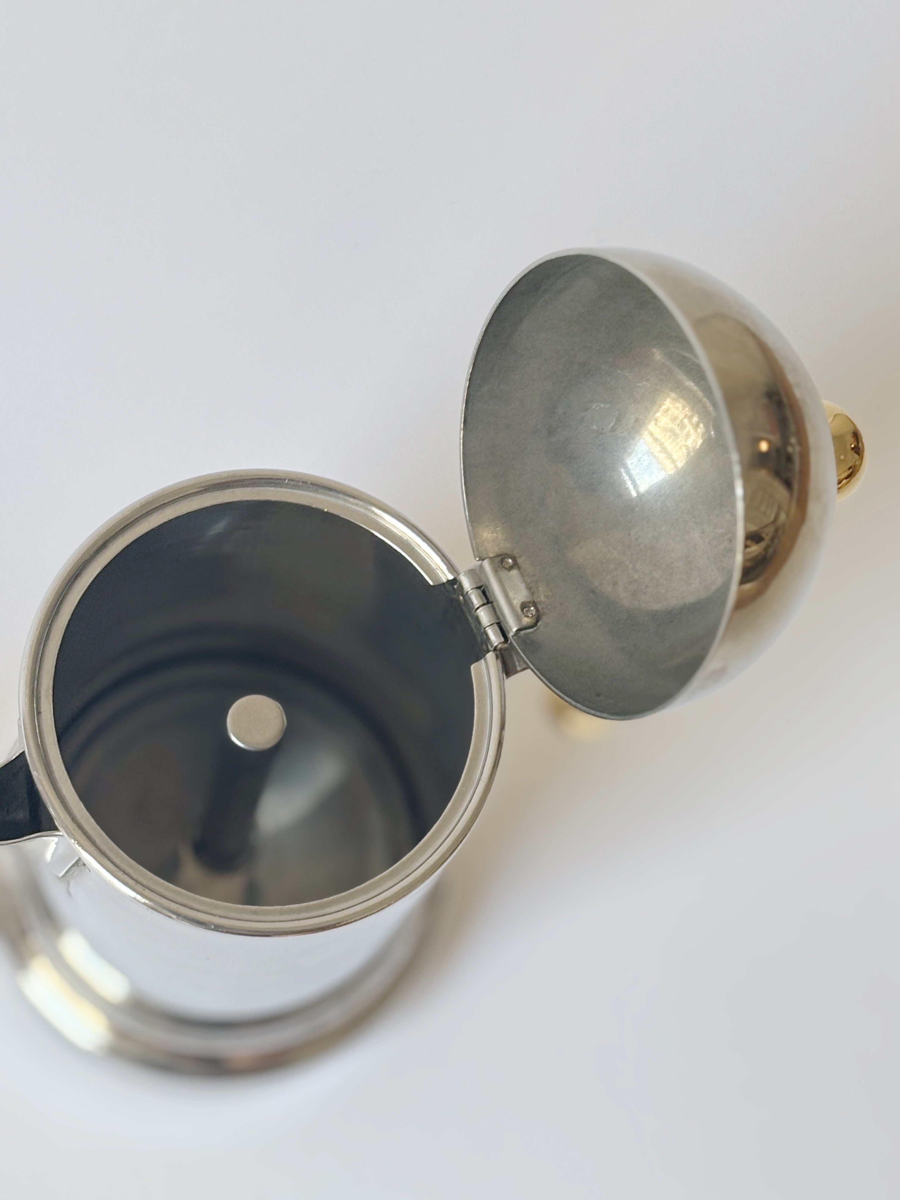 Kontessa Moka Pot, c. 1980's Italy — top view of polished stainless steel interior