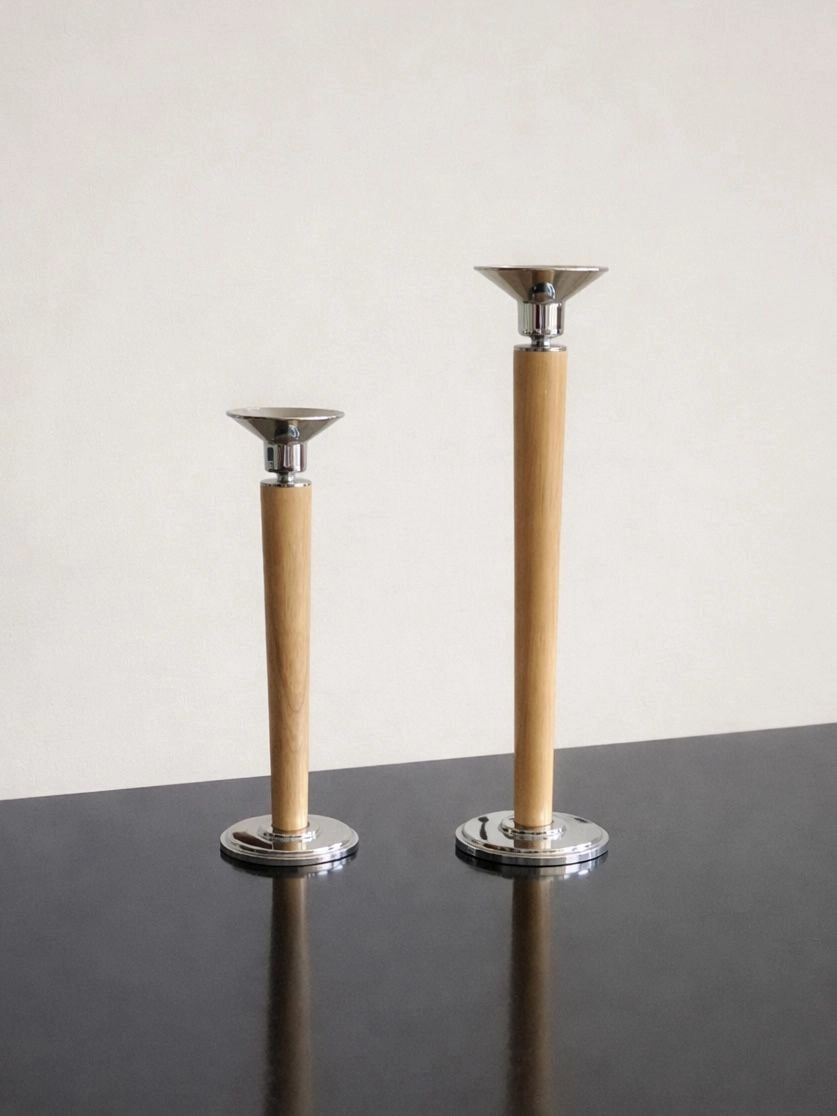 1980s Italian Art Deco Chrome & Wood Candlestick by Blisse | The Oblist