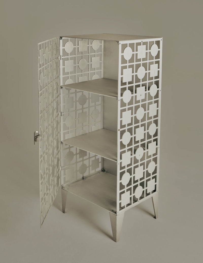 White geometric lattice cabinet with doors open showing interior shelves