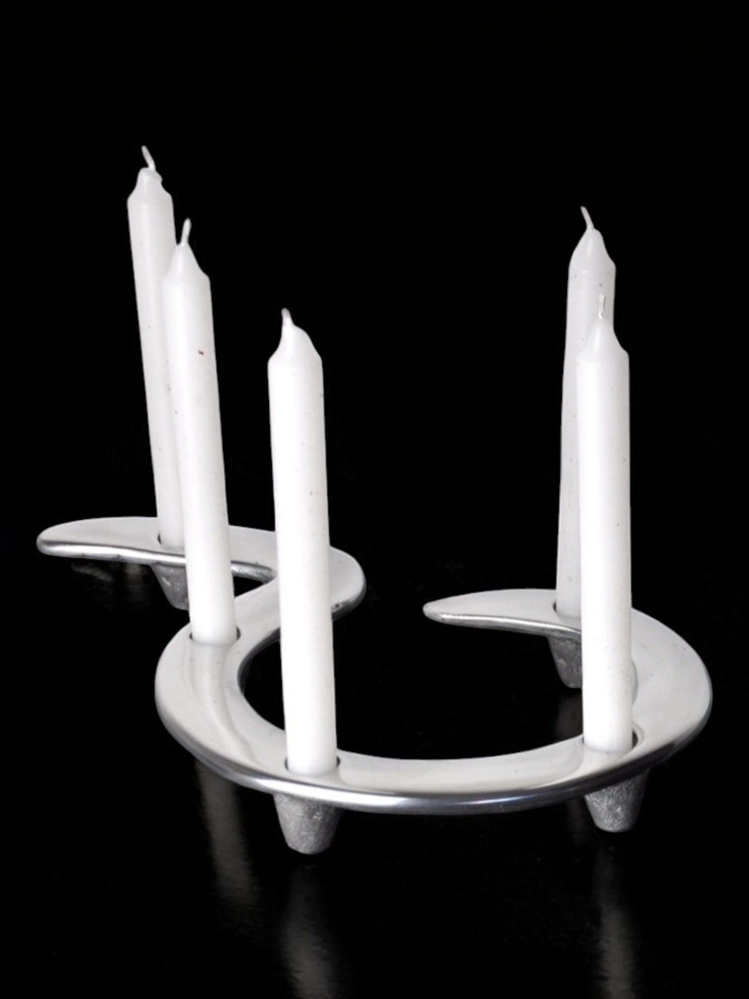 Hook Candleholder England 1980 — side angle with white ceramic and candles