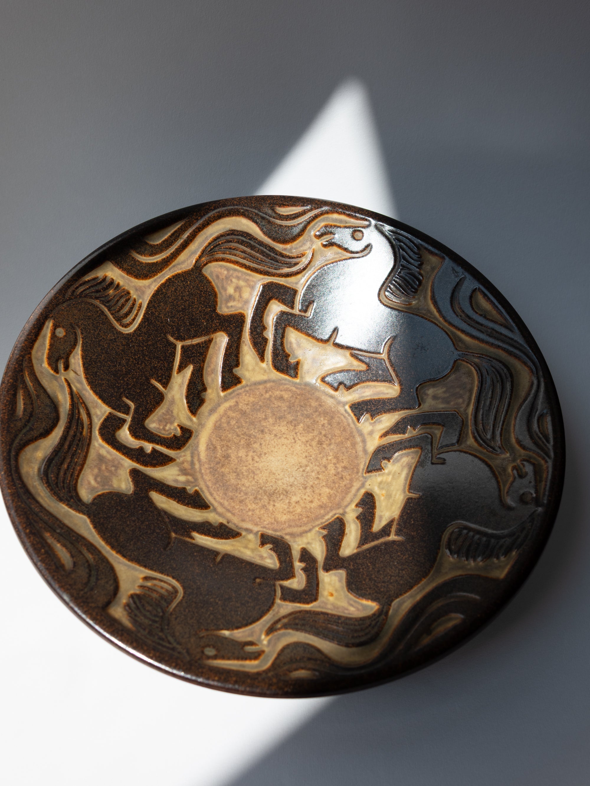 Marianne Starck Mid Century Galloping Horses in Relief - Serveware Bowl c. 1950s — detail view