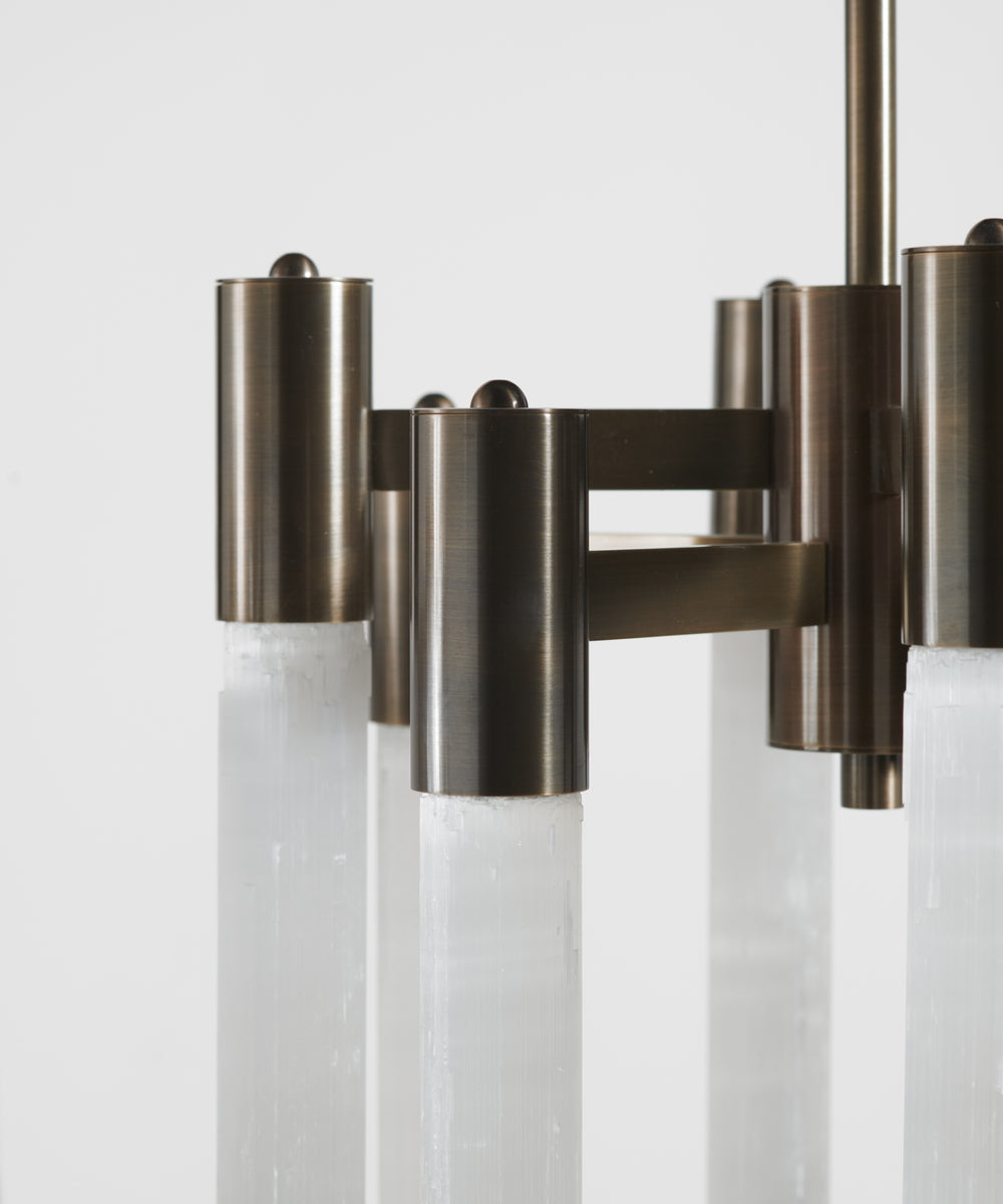 SELENE Chandelier in selenite and brushed bronze — side angle