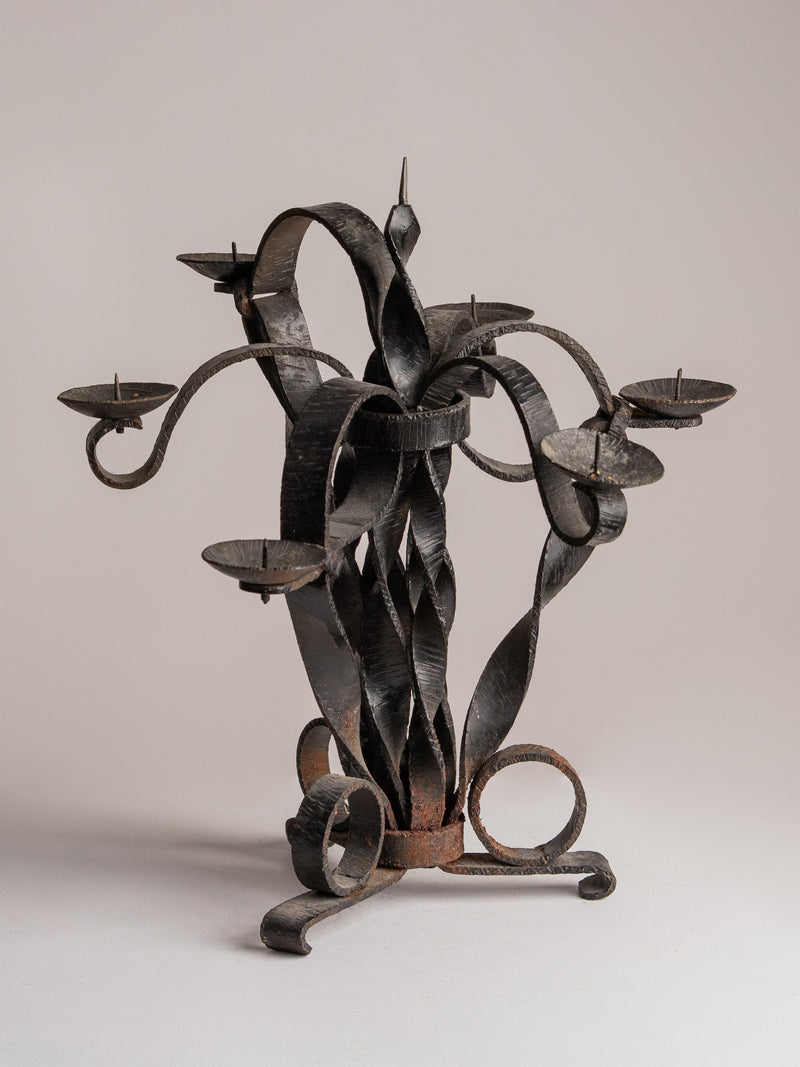 Vintage Folk Art Hand-Forged Wrought Iron Candelabra — close-up of black iron design
