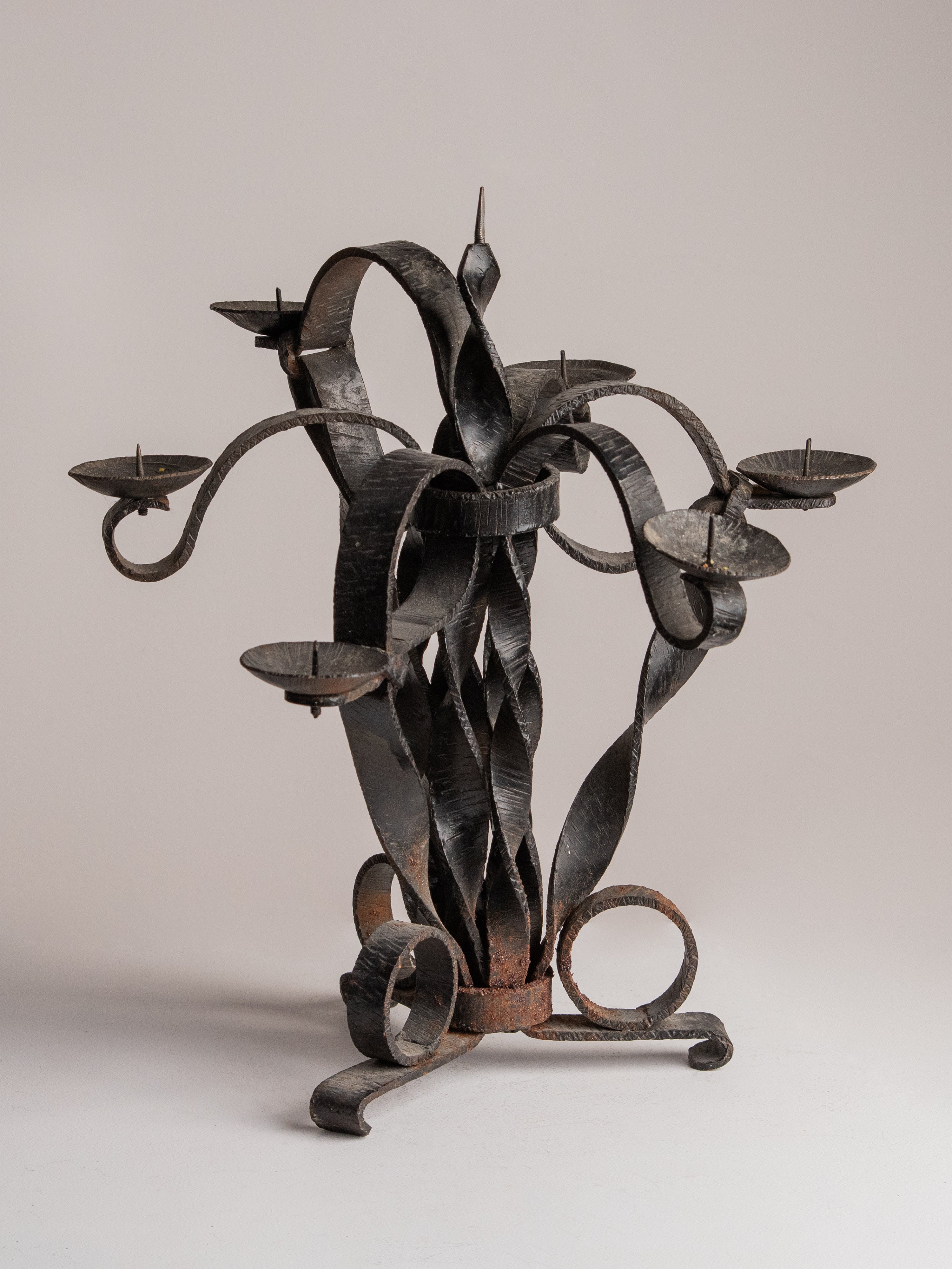 Vintage Folk Art Hand-Forged Wrought Iron Candelabra