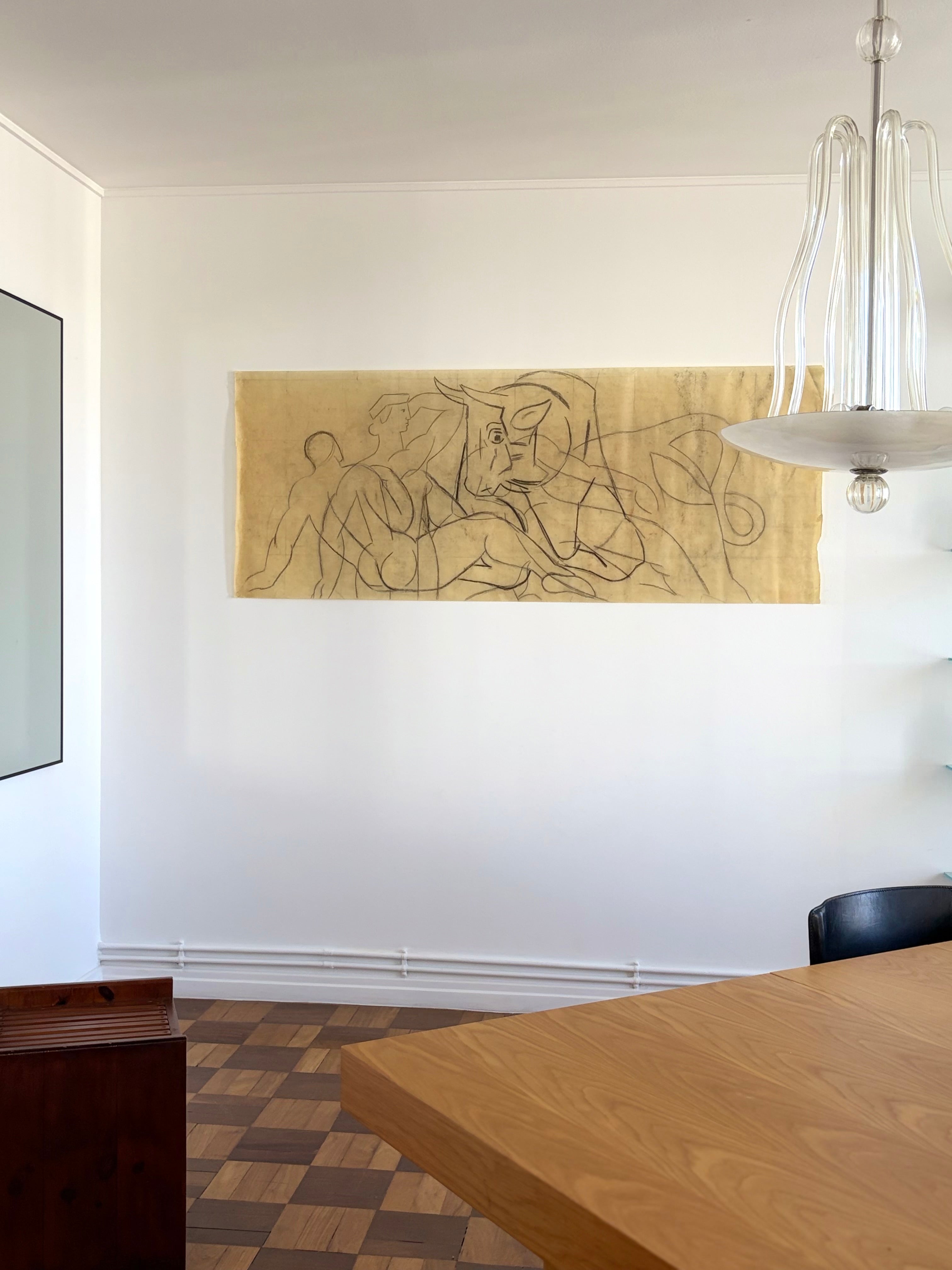 Monumental Art Deco Minotaur Drawing by Émile Courtin, 1940s — lifestyle setting
