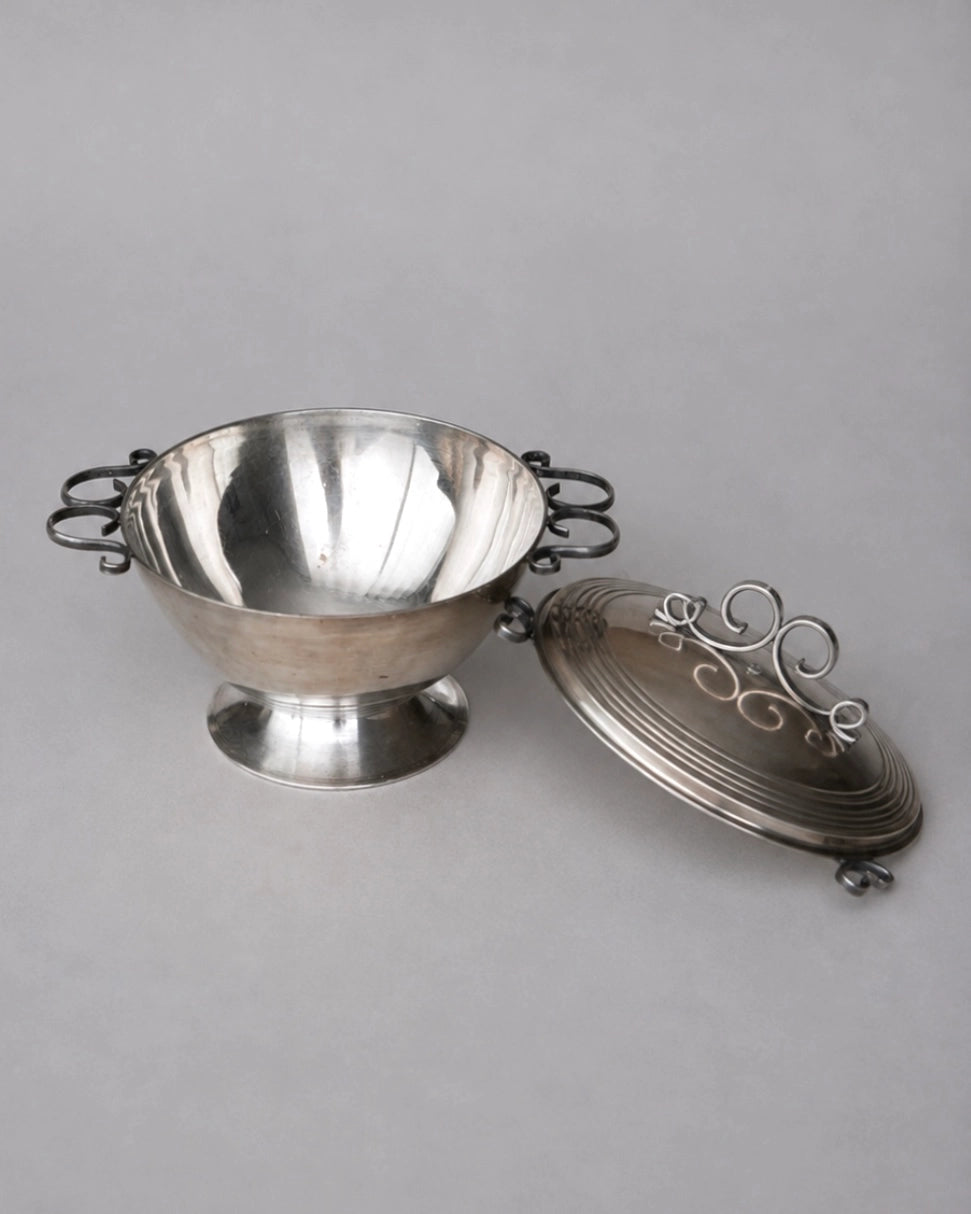 1970s French Vintage Silver-Plated Scroll Sugar Bowl — lifestyle setting