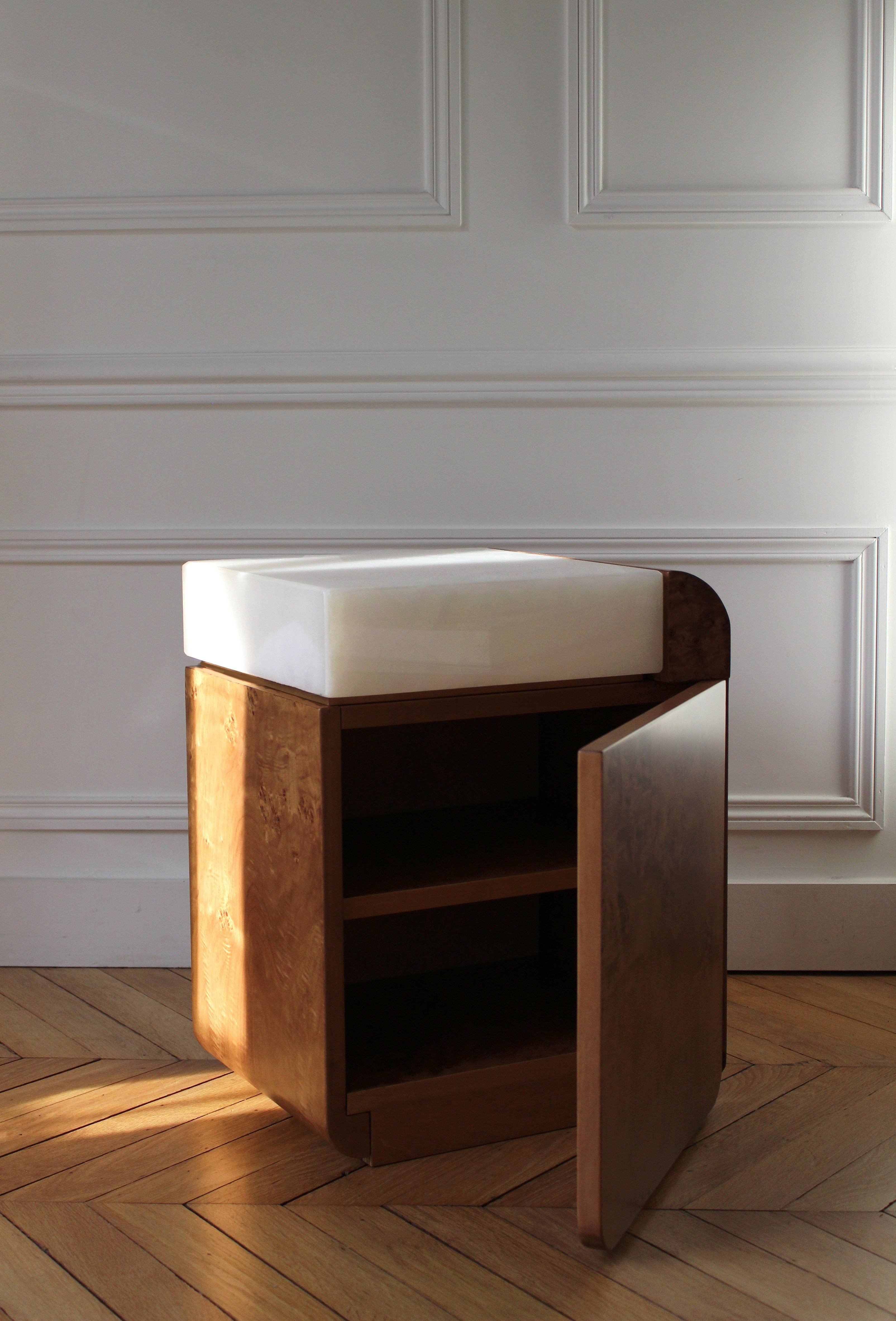 "Amo" Burl Wood and White Onyx Side Table