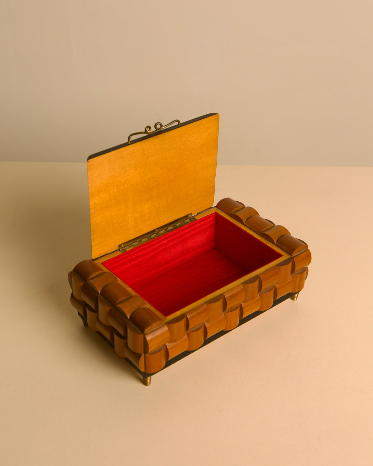 Italian woven wood and brass box, 1970s — side angle