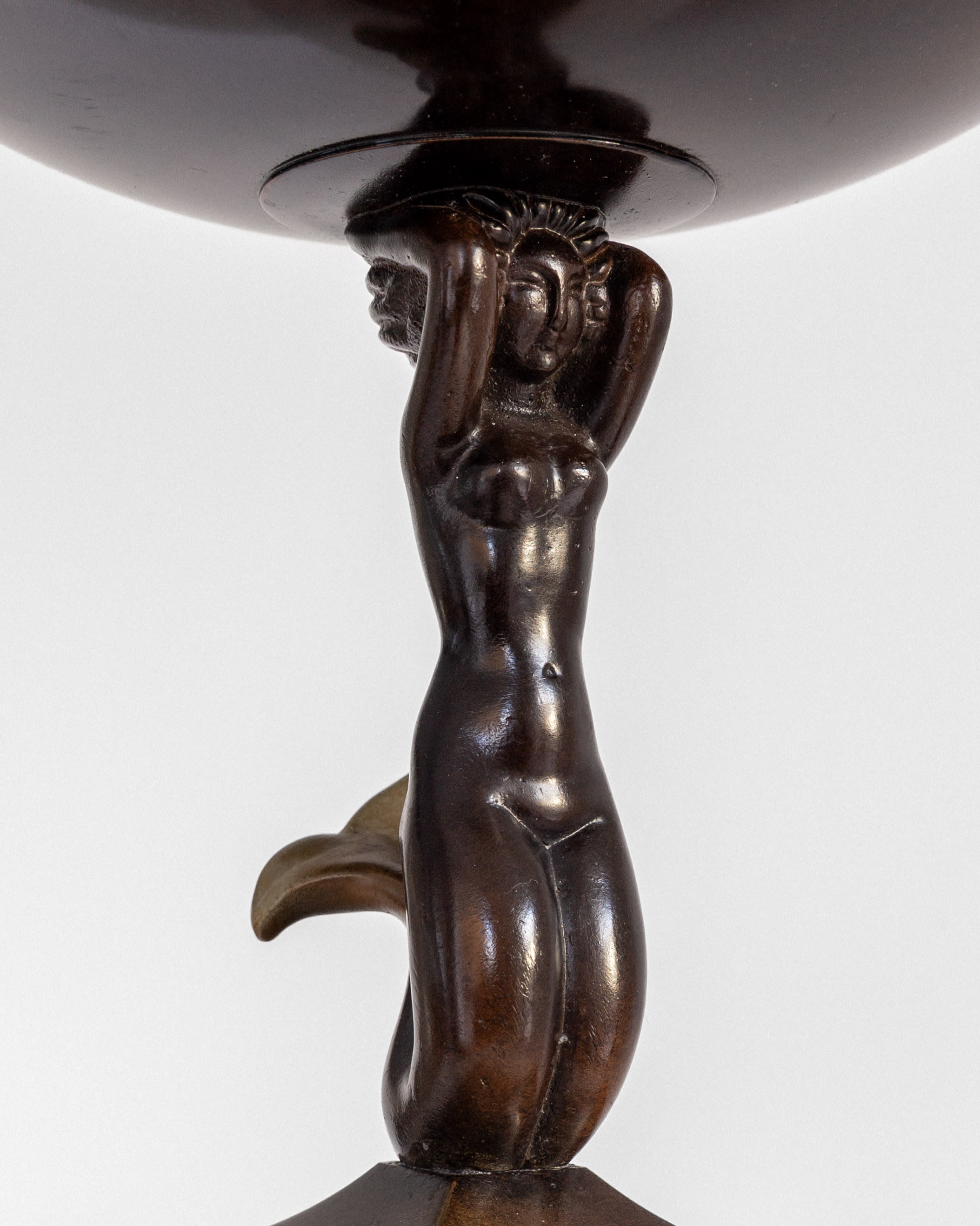 Centerpiece Art Deco Bronze Bowl on Foot with Mermaid