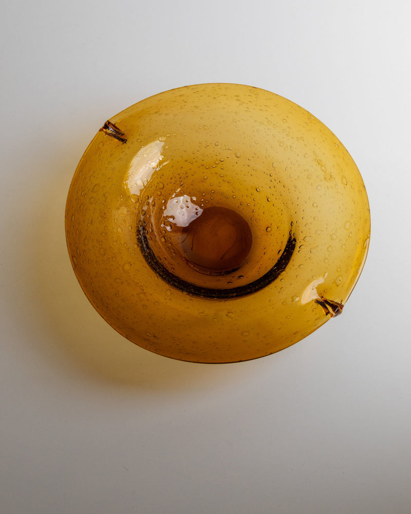 Murano Glass Bowl, Italy 1970s — top view of amber glass with bubbles