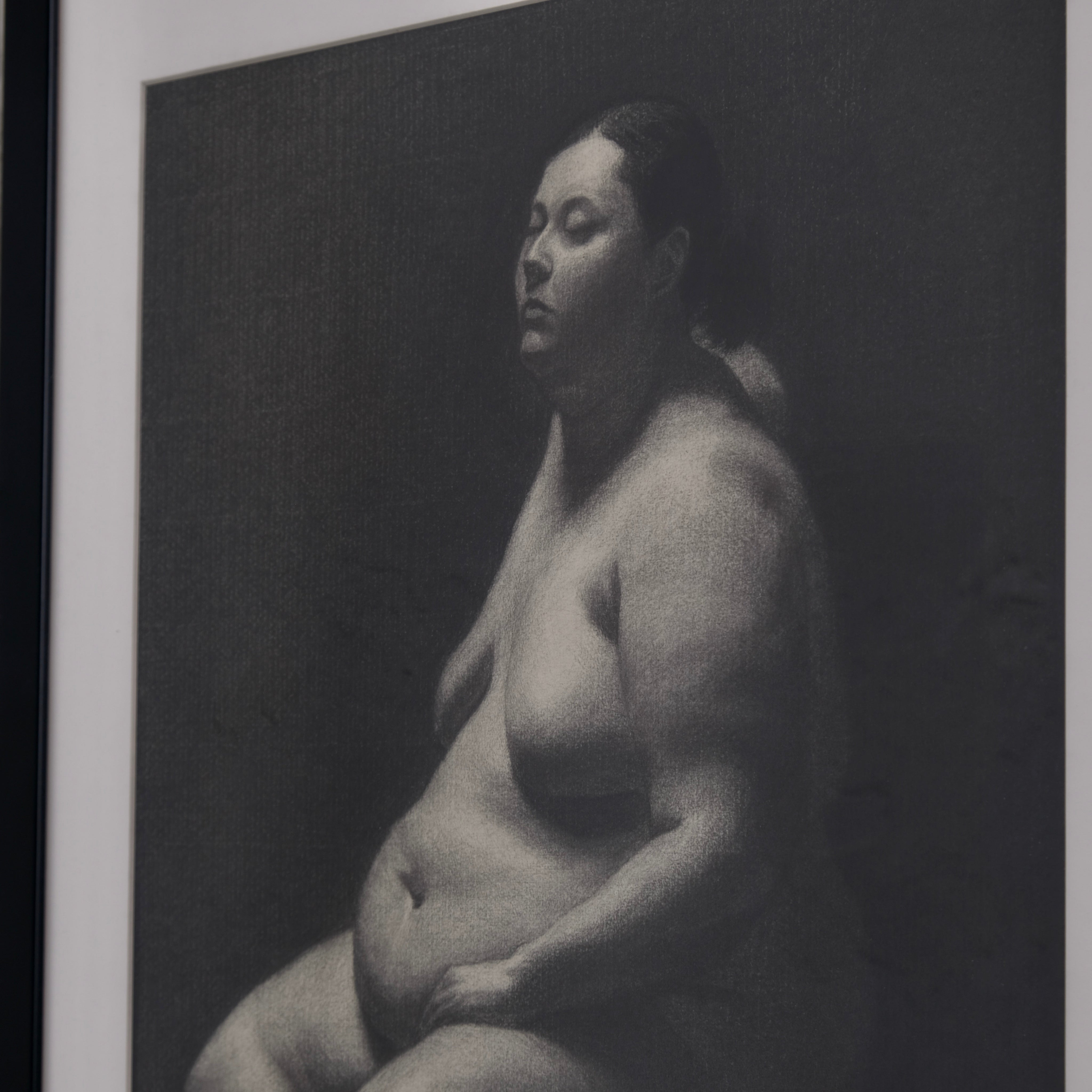 Mabel Martín Academic Nude Charcoal Drawing — side angle highlighting soft charcoal details