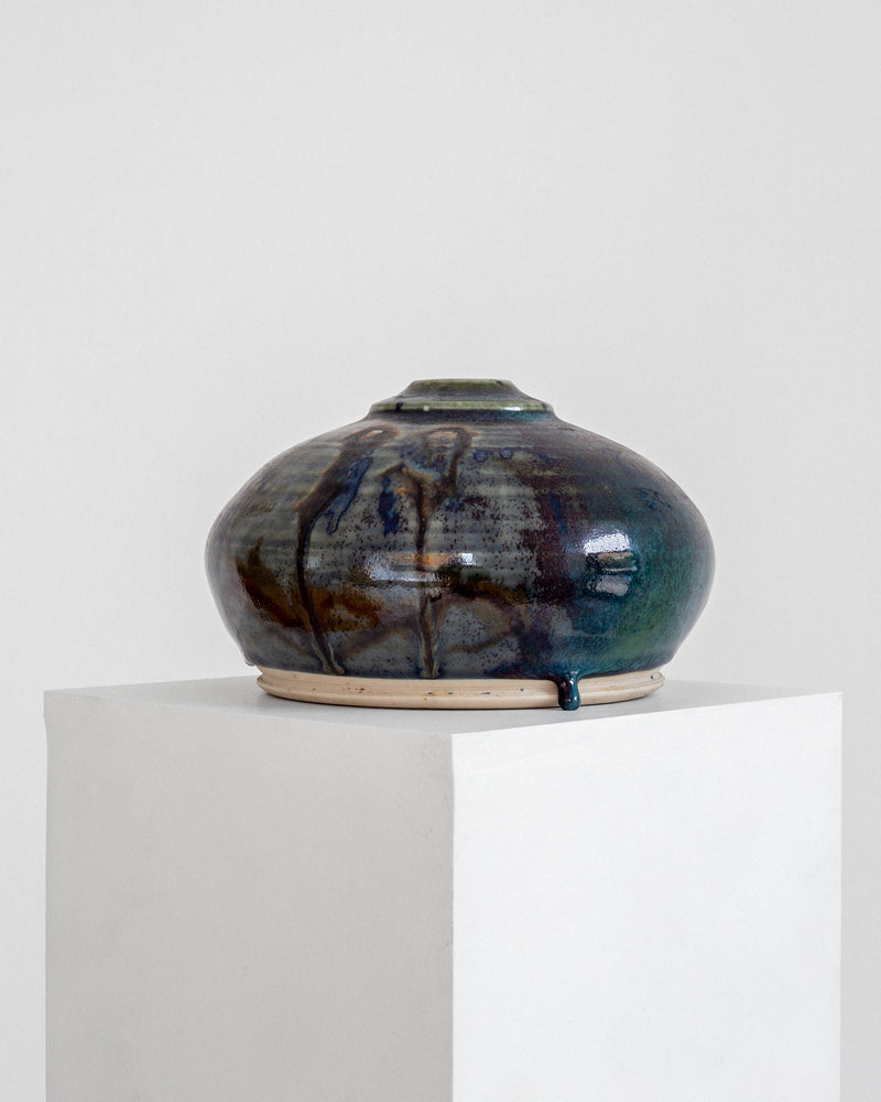 Scandinavian mid-century studio pottery vase with iridescent drip glaze