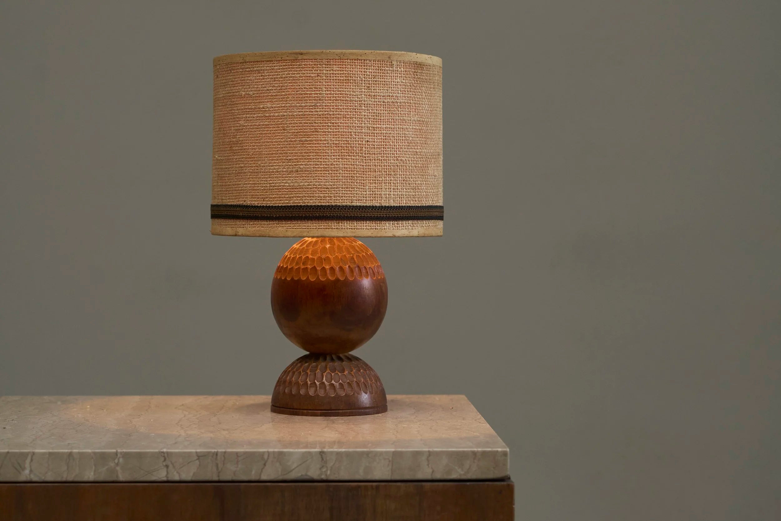 Wonderful Table Lamp in Carved Wood with Shade in Woven Jute 1960s — alternate view
