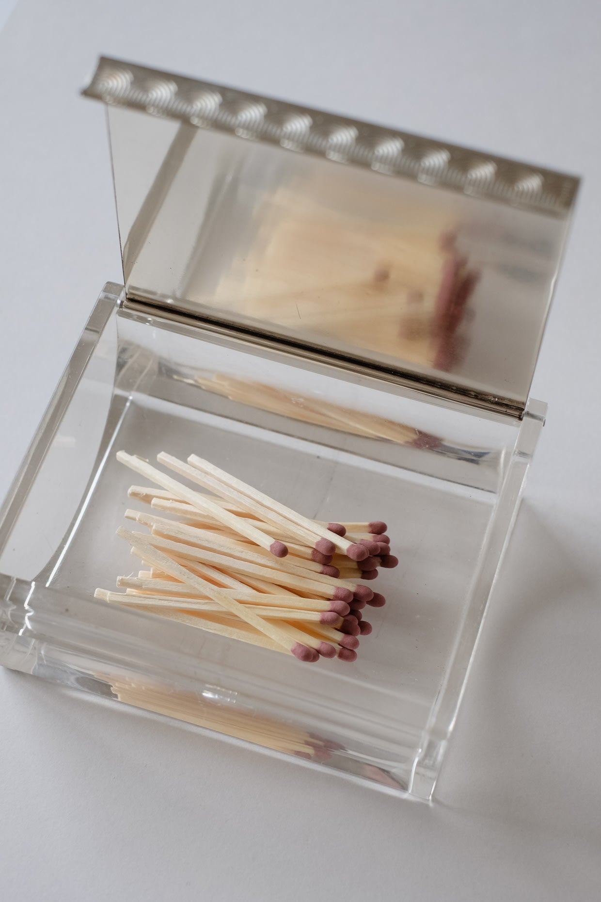 Mid-century Modern Jewelry Box — clear acrylic box with matches inside
