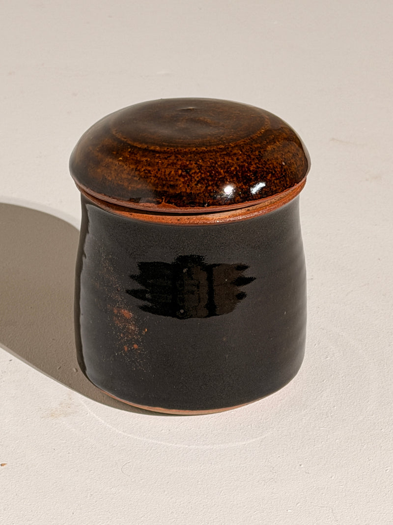 Lidded Stoneware Pot by Figuresdesign | The Oblist — dark brown ceramic, vintage