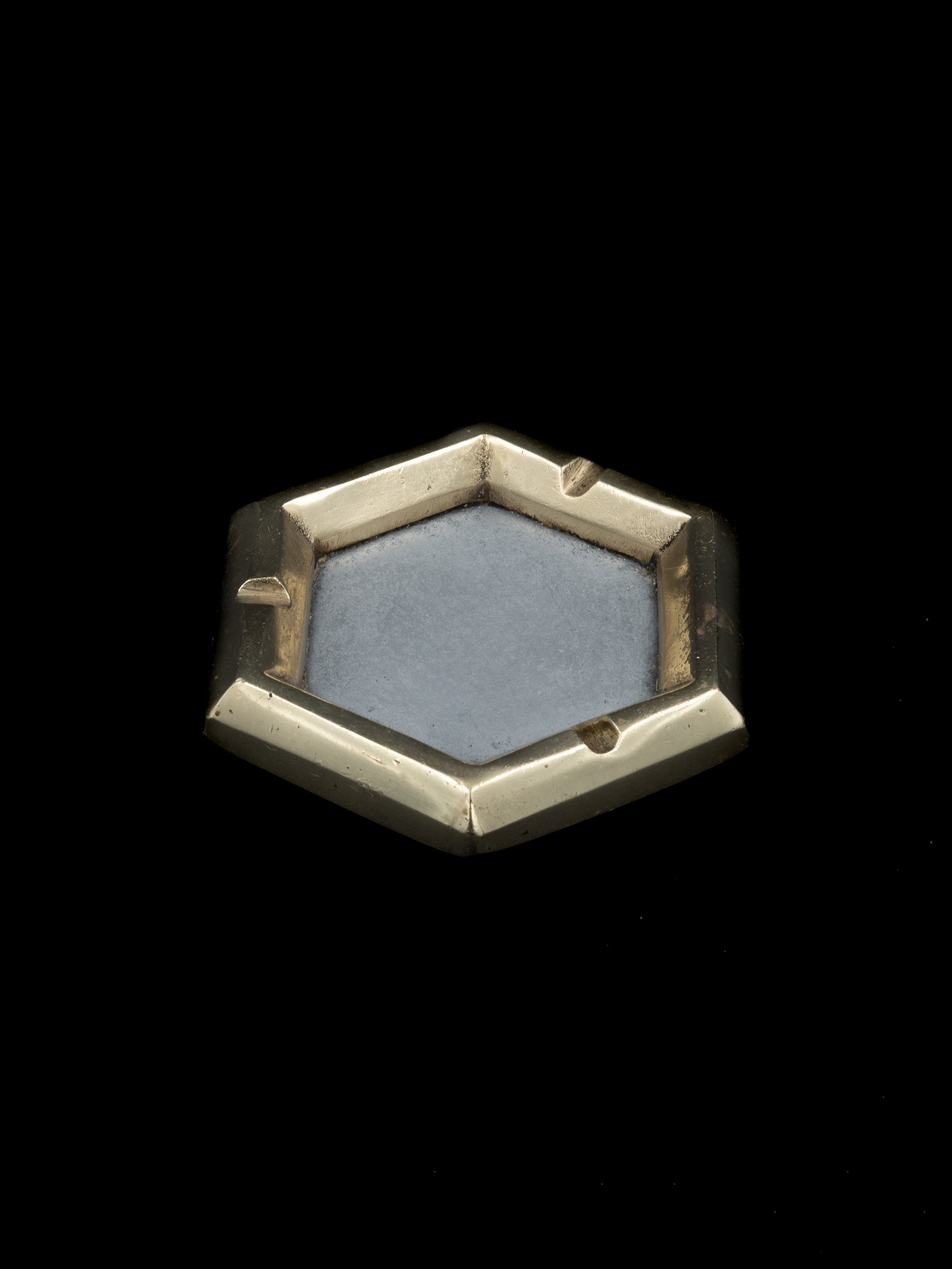 David Marshall Hexagonal Ashtray, Spain, c. 1970s — close-up of brass and blue ceramic detail