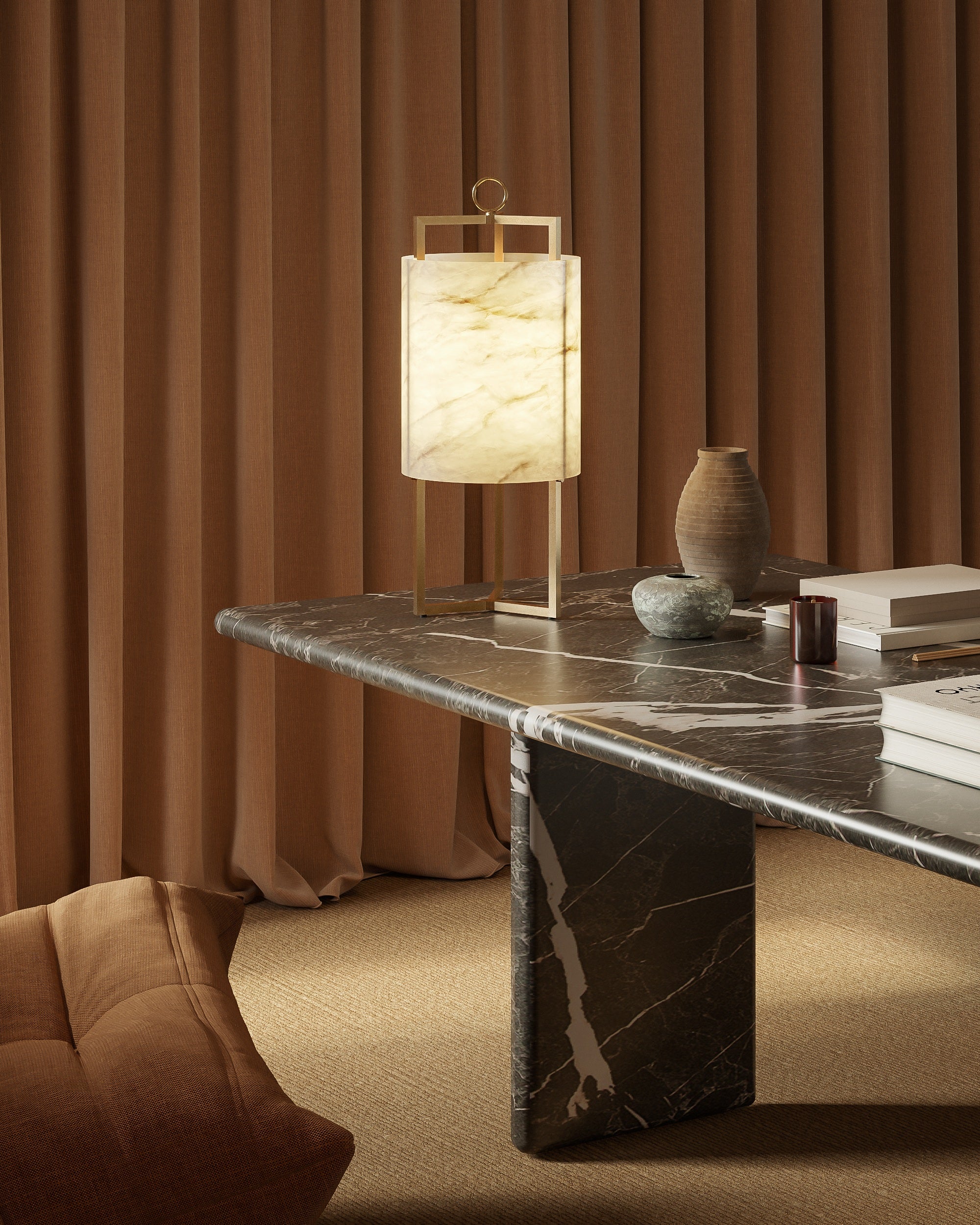 "LANTERN" Table Lamp in alabaster and satin brass — alternate view