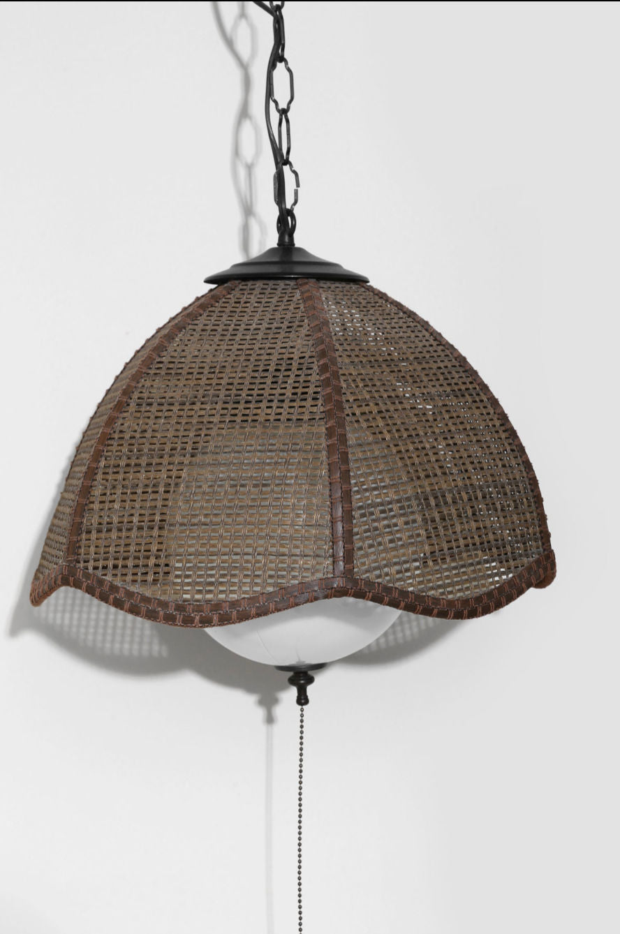 Rattan Swag Pendant Lamp, Plug-in — side angle showing woven rattan shade