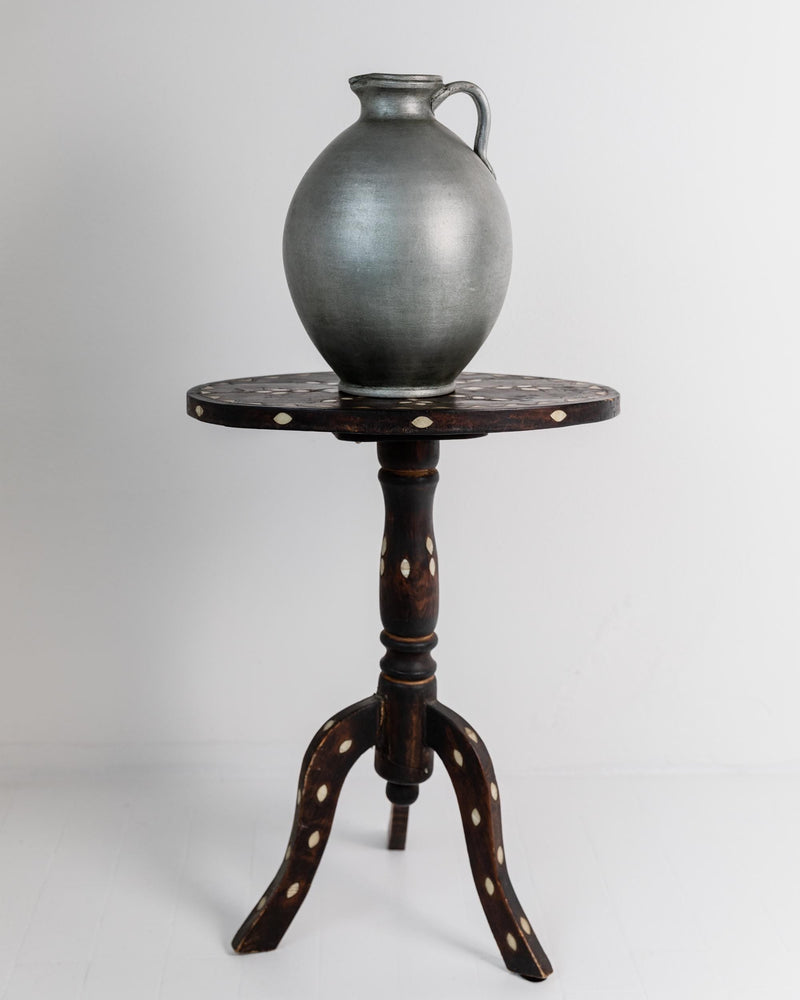 Vintage Early 19th Century Side Table, Dark Wood with Mother of Pearl Inlay, Three Legged Oval Form, Ethno Style Furniture, Gift Idea — close-up