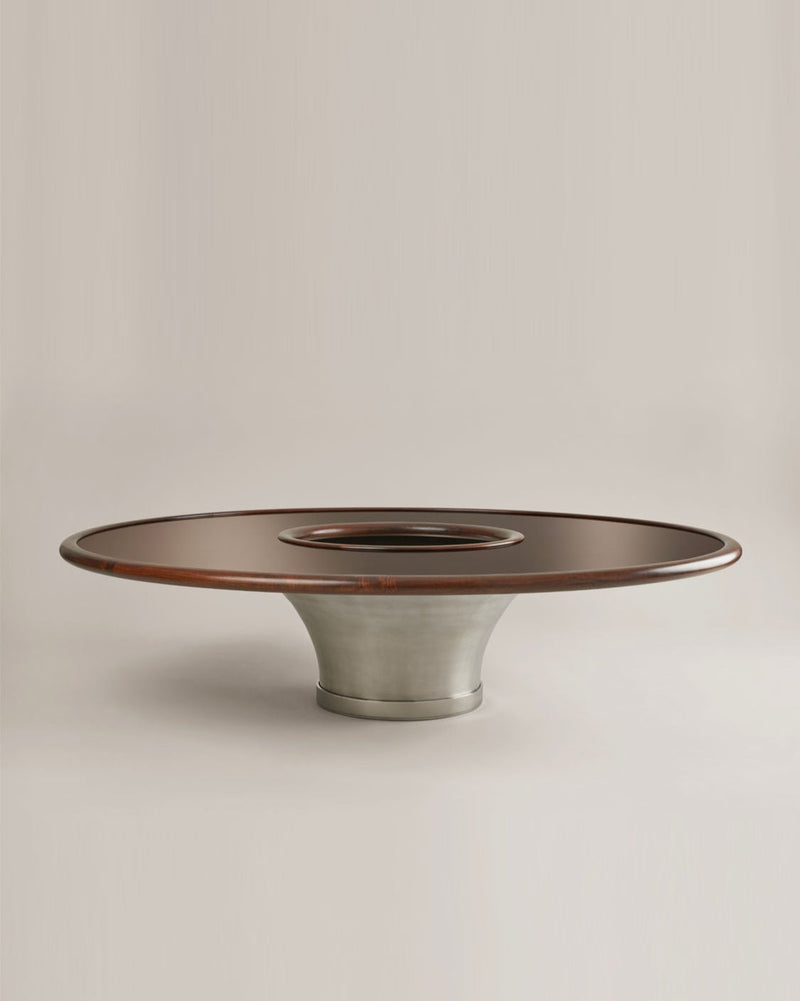 Loulou" Coffee Table, lacquer, walnut and stainless steel — close-up of circular top with stainless steel base