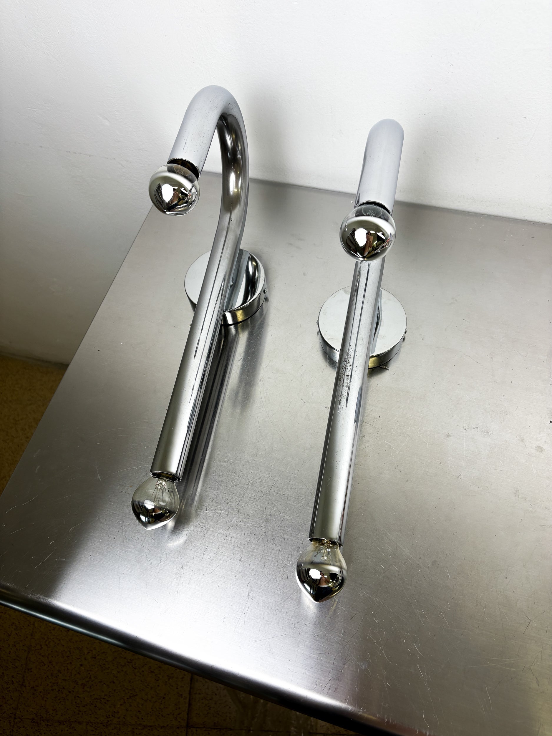 Pair of Space-Age Tubular Wall Lights, Chromed Metal, Italy, 1970s — additional view