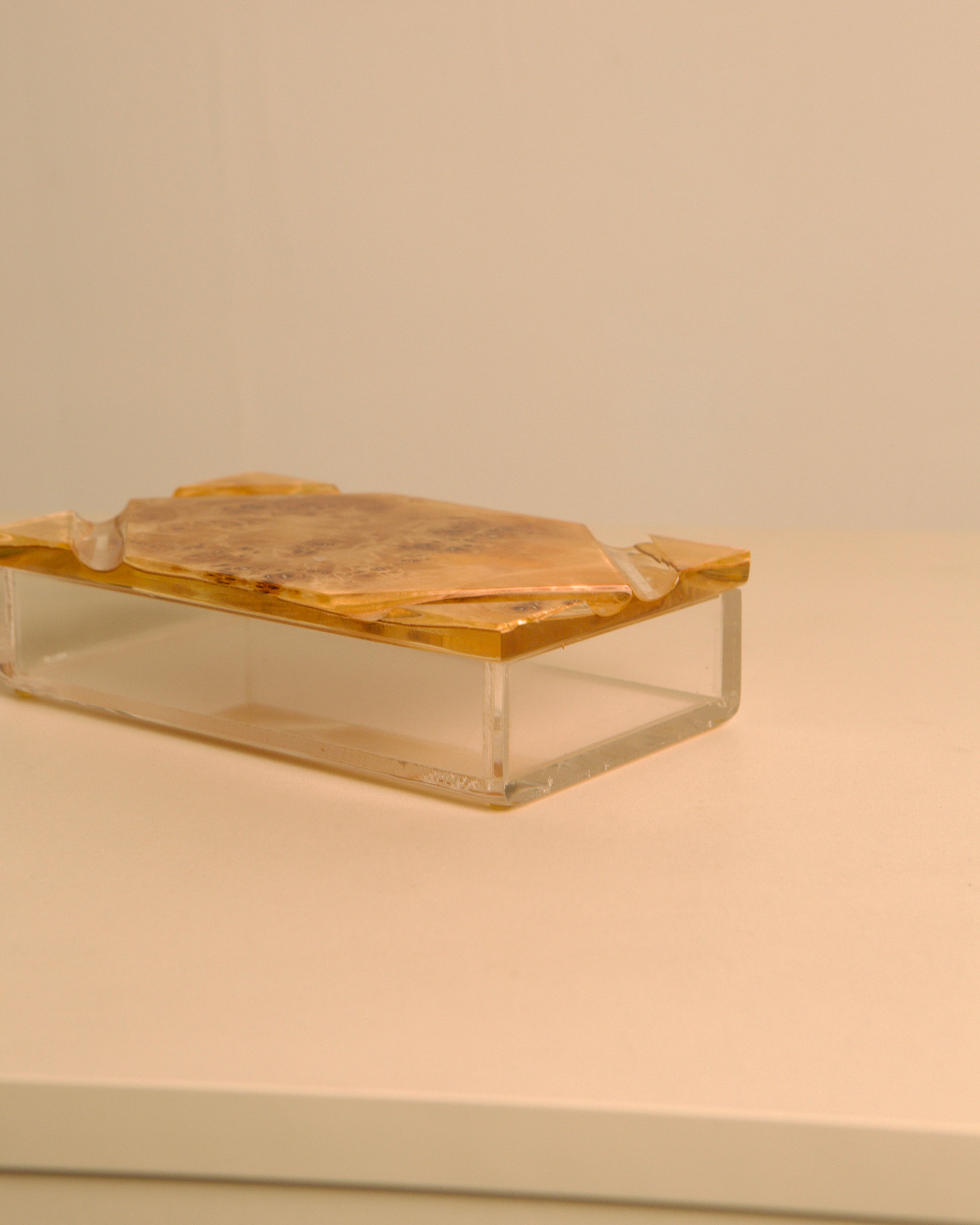 Italian plexiglass box with amber burl wood lid, 1970s — close-up