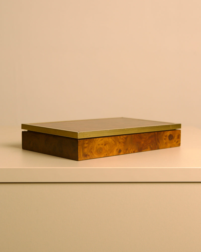 Italian box in elm wood and brass, 1960s — angled view highlighting brass trim