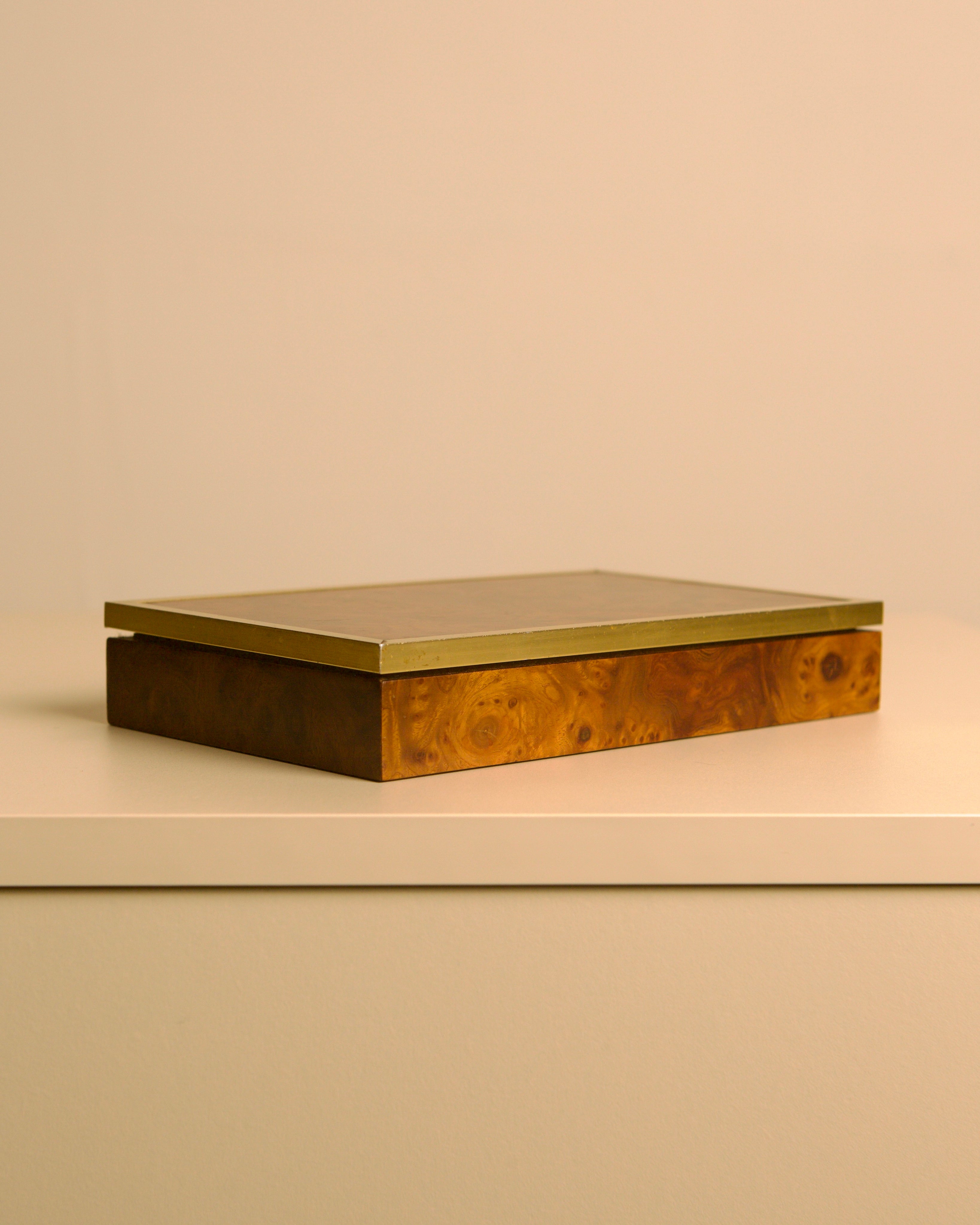 Italian box in elm wood and brass, 1960s — angled view highlighting brass trim