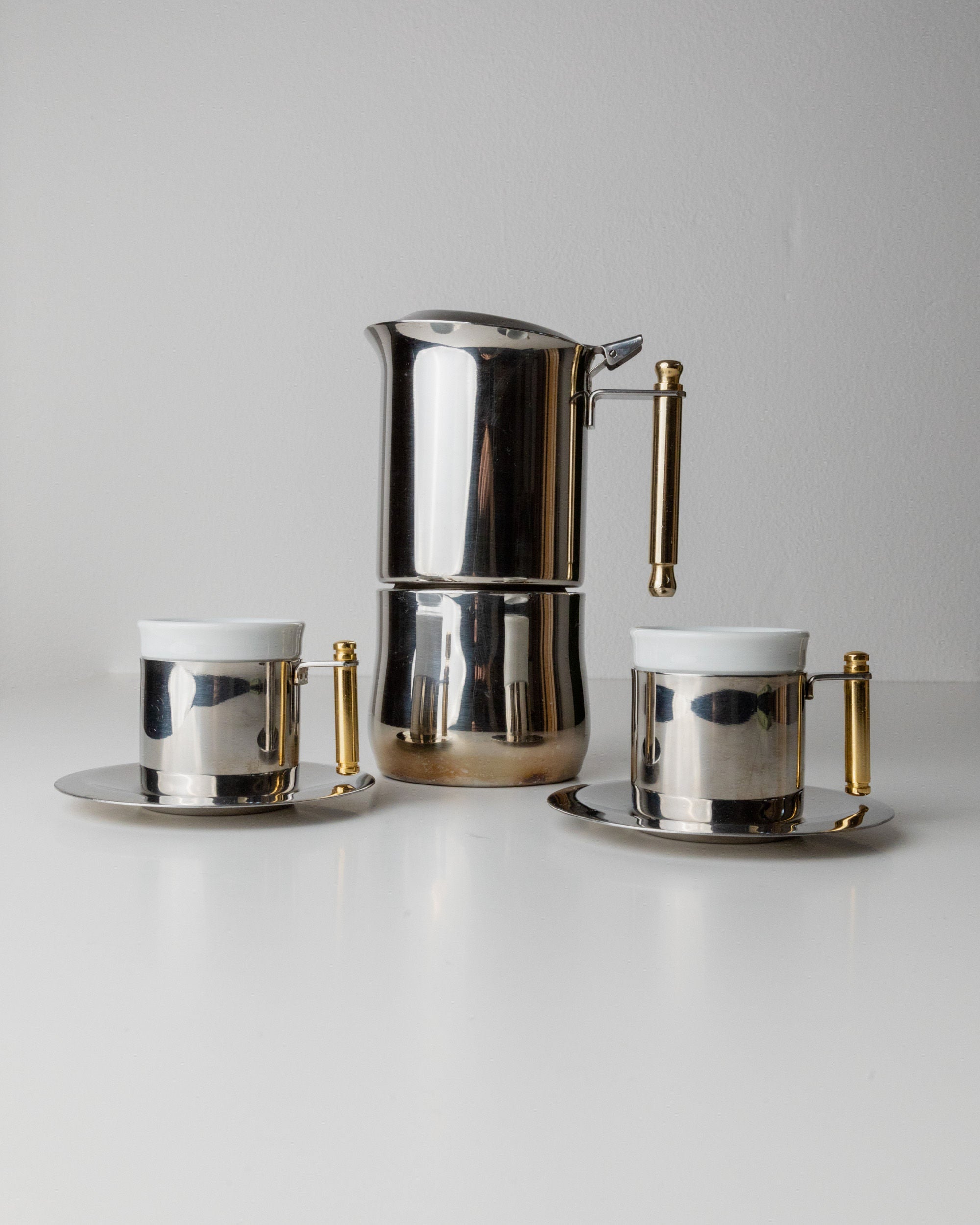 Coffee Set by IMCO, Italy 80s — top view of stainless steel and porcelain cups