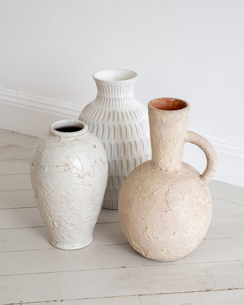 Large Textured Ceramic Floor Vase, 1940s-40s Sweden — close-up of textured surface in neutral tones