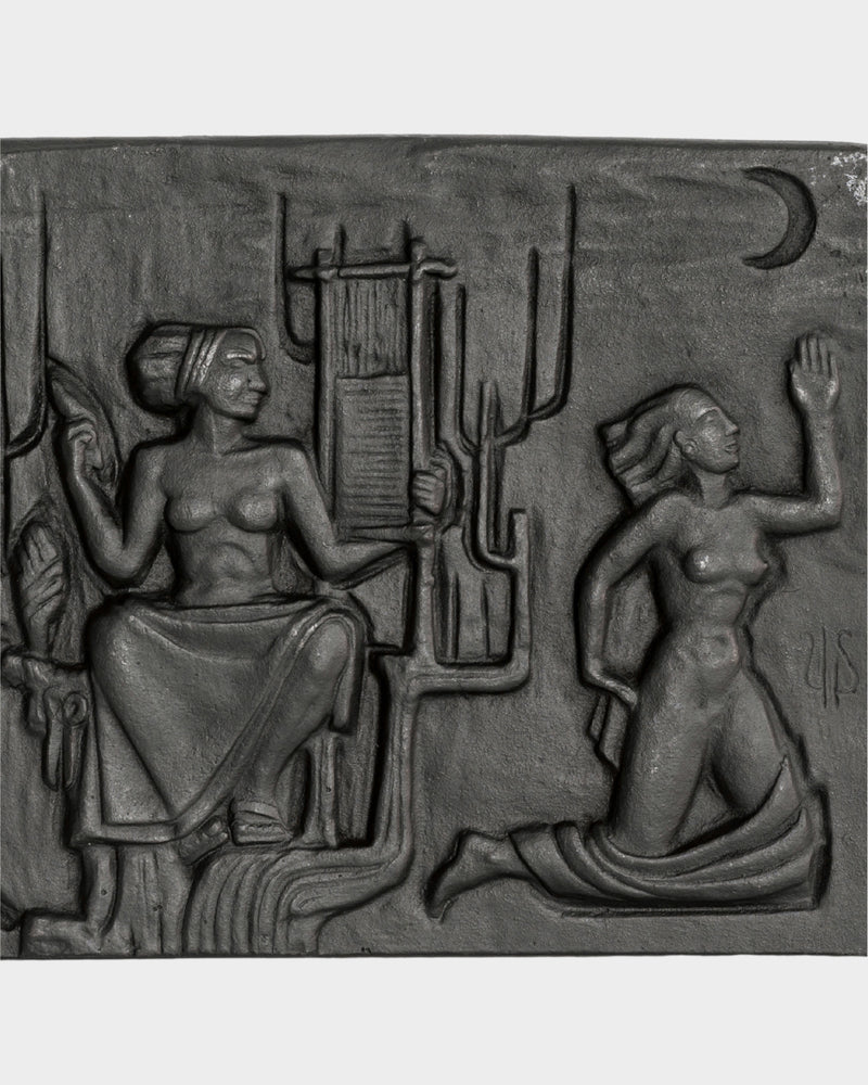 Cast iron relief depicting two seated women by Ulla Fogelklou-Skogh