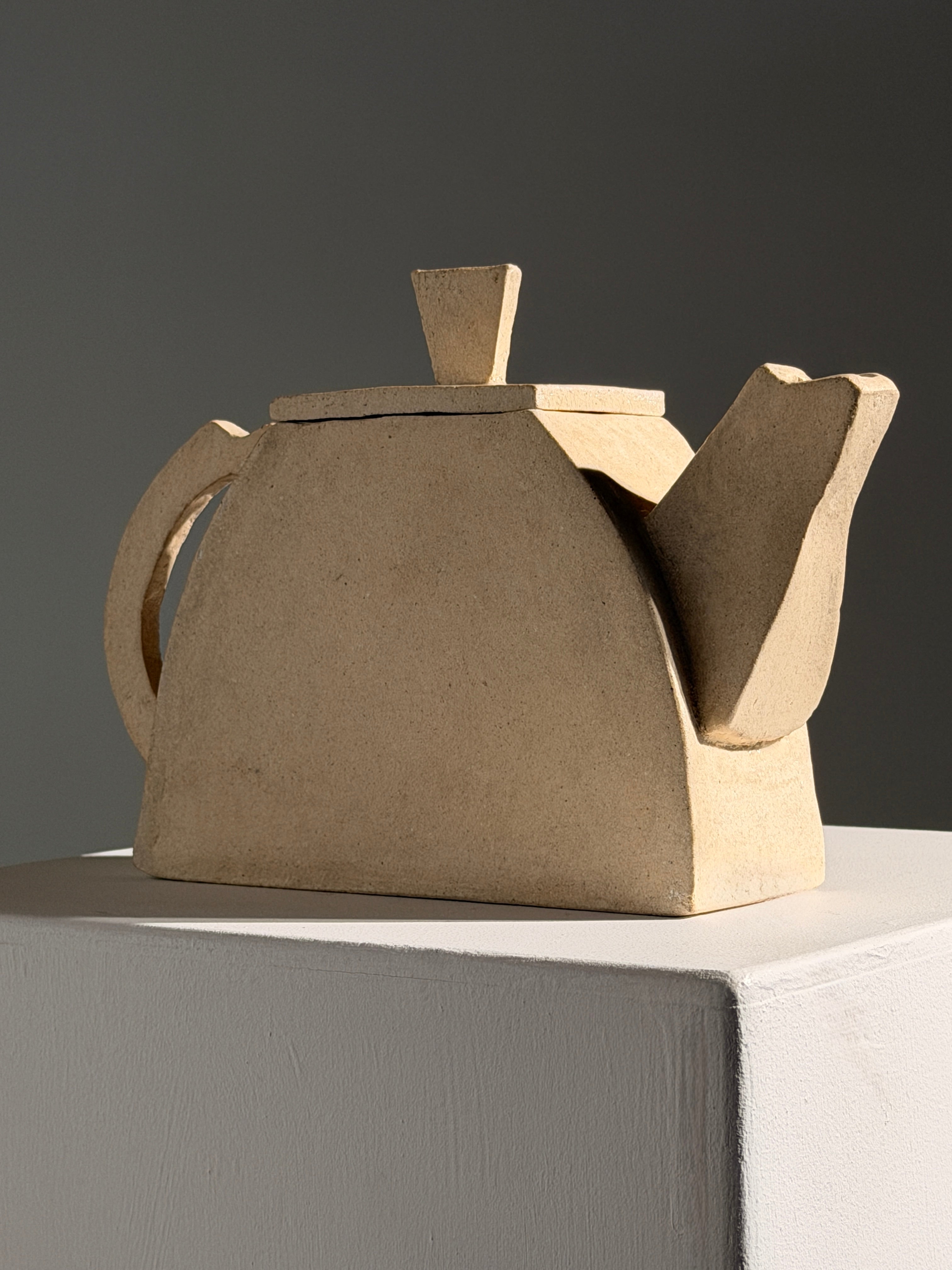 Geometric sculptural stoneware teapot, France, 1990 — detail view